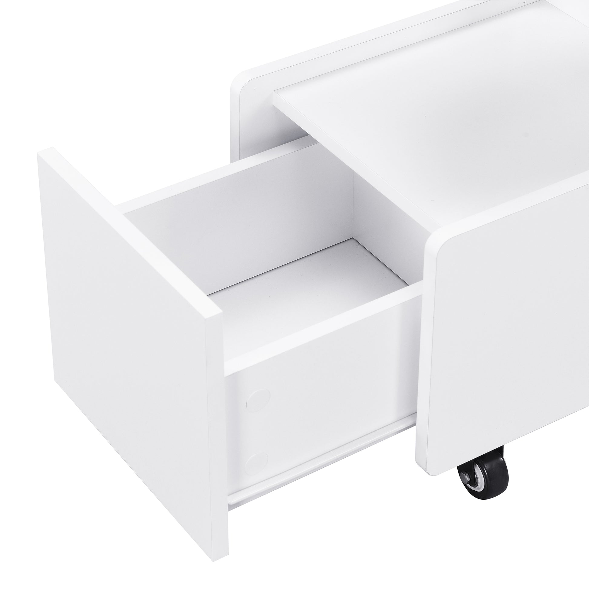 Mobile End Table With Lockable Wheels, Cream Style Side Table With Storage Drawer, 11.8Inch Narrow Nightstand With Multi Layer Storage, Living Room, White White Primary Living Space Mdf