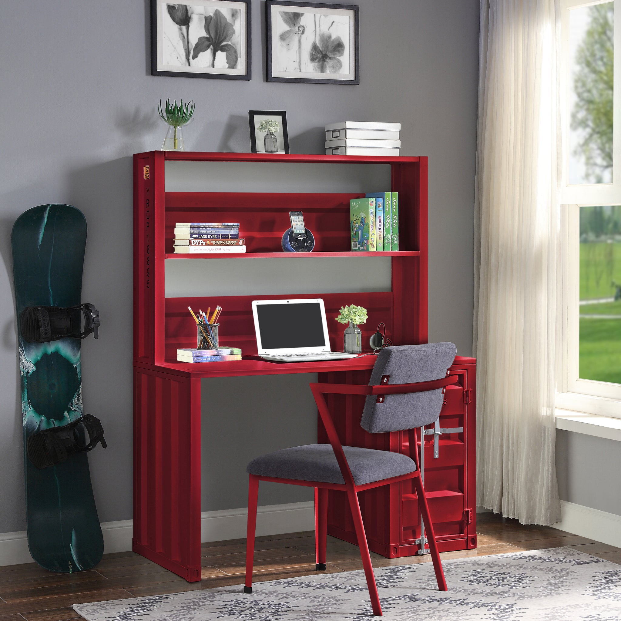 Red 1 Door Writing Desk With Hutch Red Writting Desk Office Industrial Freestanding Rectangular Hutch Iron