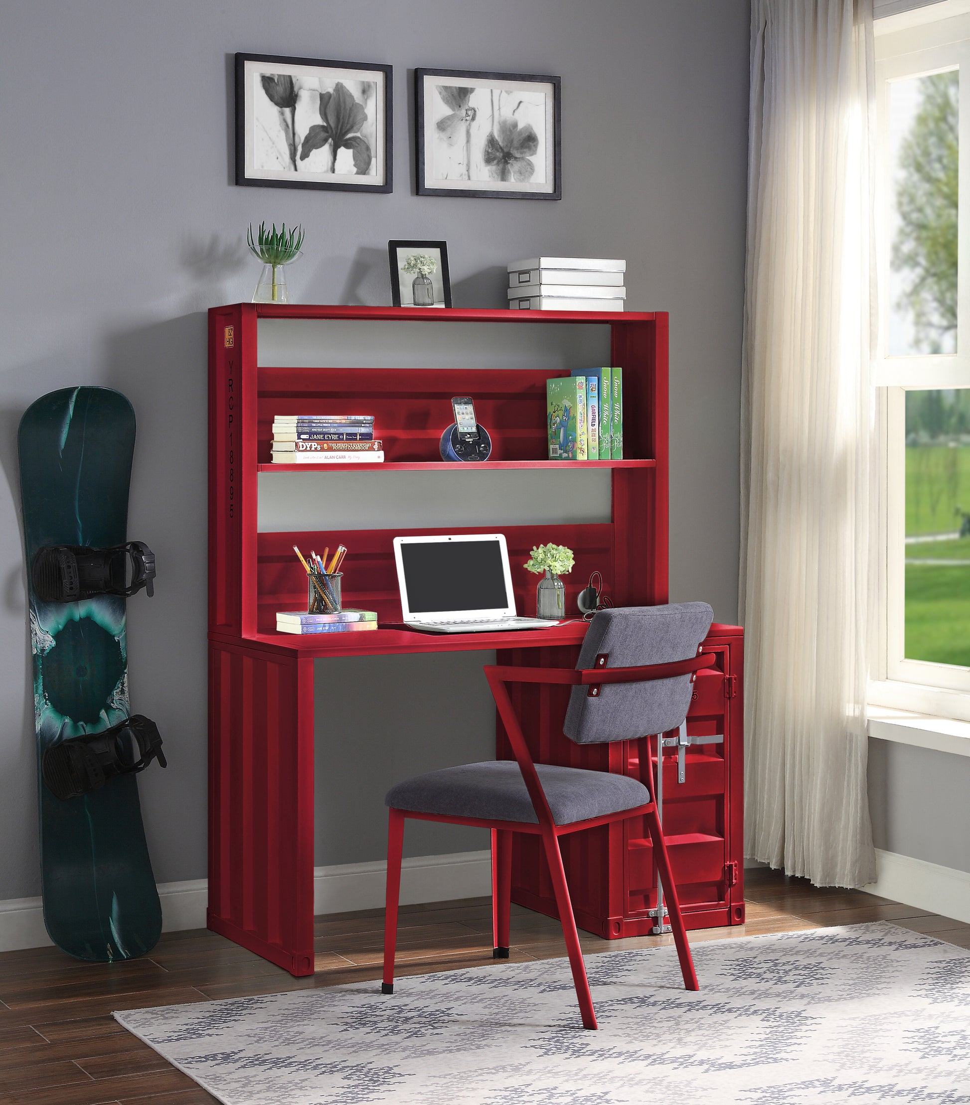 Red 1 Door Writing Desk With Hutch Red Writting Desk Office Industrial Freestanding Rectangular Hutch Iron