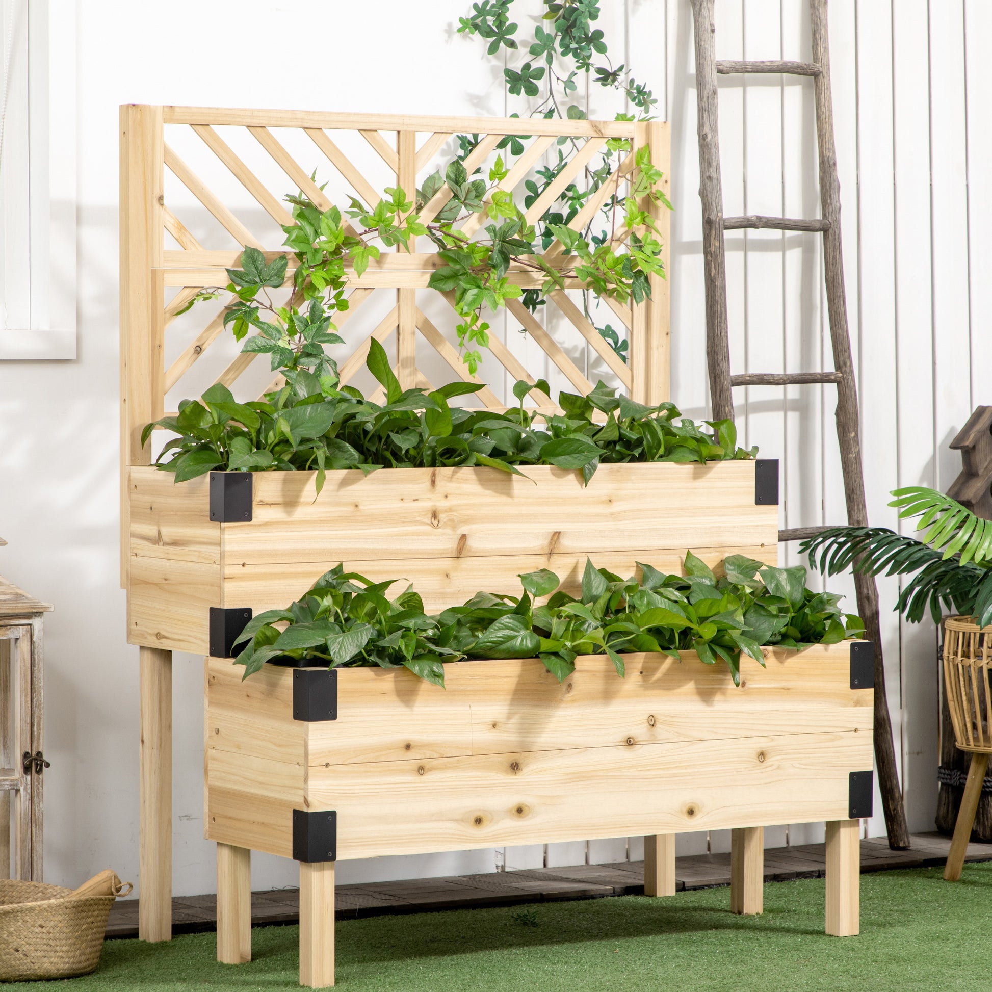 Outsunny Raised Garden Bed With Trellis, 2 Tier Wooden Elevated Planter Box With Legs And Metal Corners For Vegetables, Flowers, Herbs, Natural Natural Wood Wood