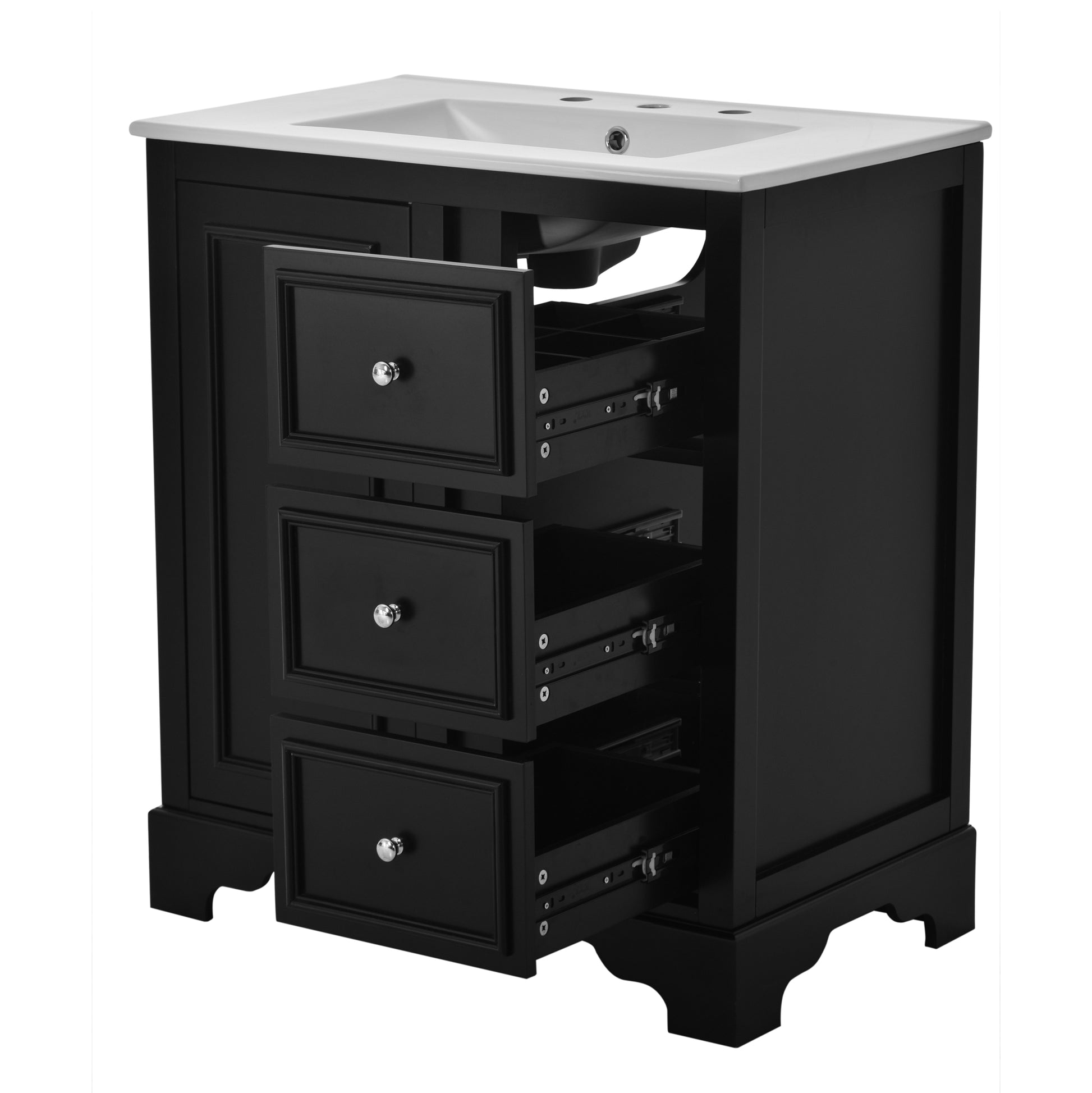 30 Inch Bathroom Vanity Cabinet With Ceramic Basin, 3 Drawers And Adjustable Shelves Black Bathroom Solid Wood Mdf