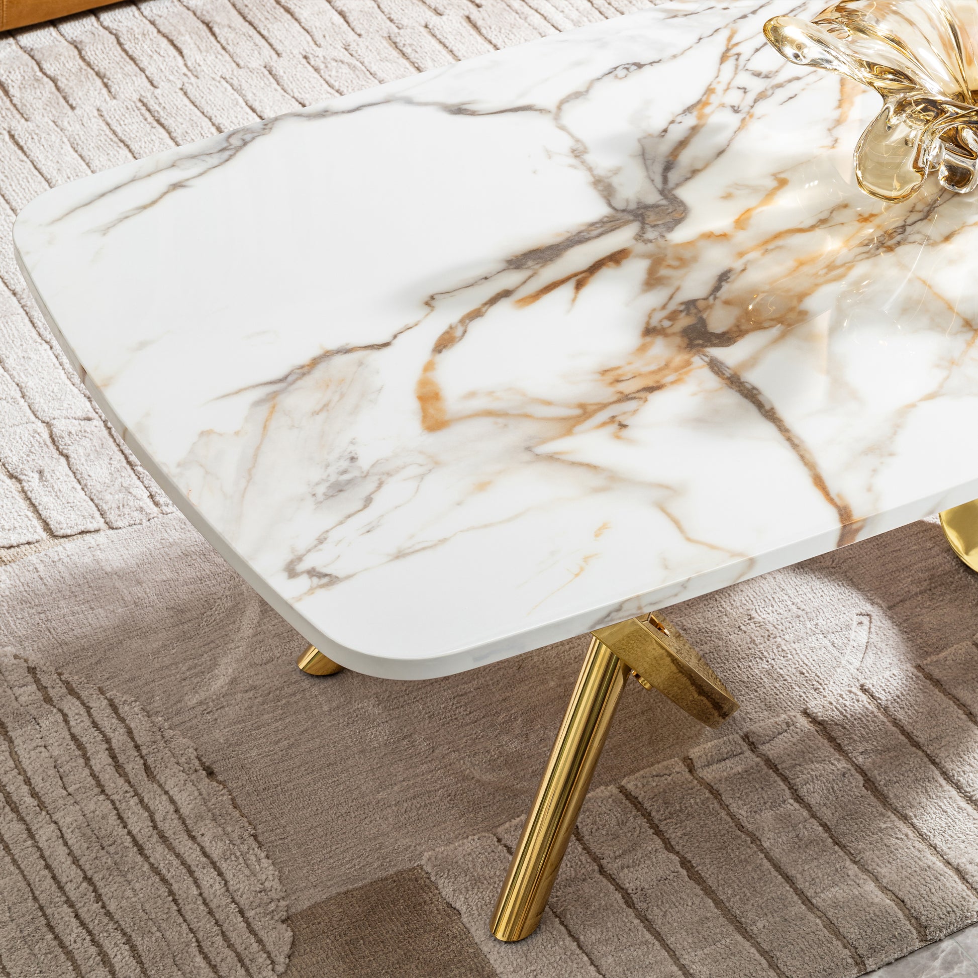 Gold Stainless Steel Marble Pattern Coffee Table 50.78" L X 27.16" W X 18.11" H For Living Room & Office Gold Modern Coffee & End Tables Rectangular Stainless Steel