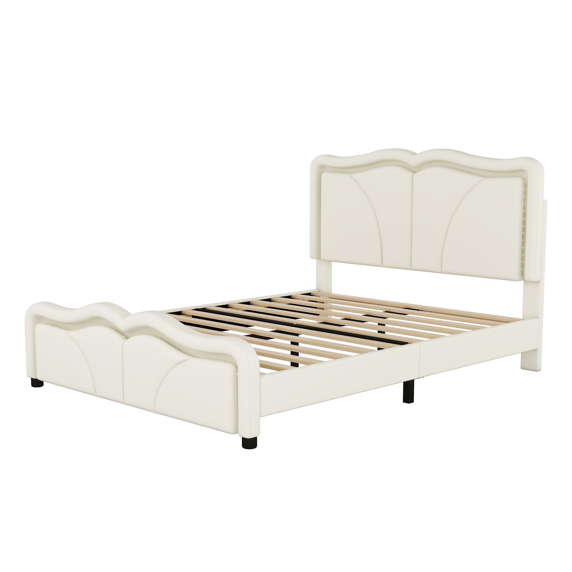 Full Size Upholstered Platform Bed With Curve Shaped And Height Adjustbale Headboard,Led Light Strips,White Full White Upholstered