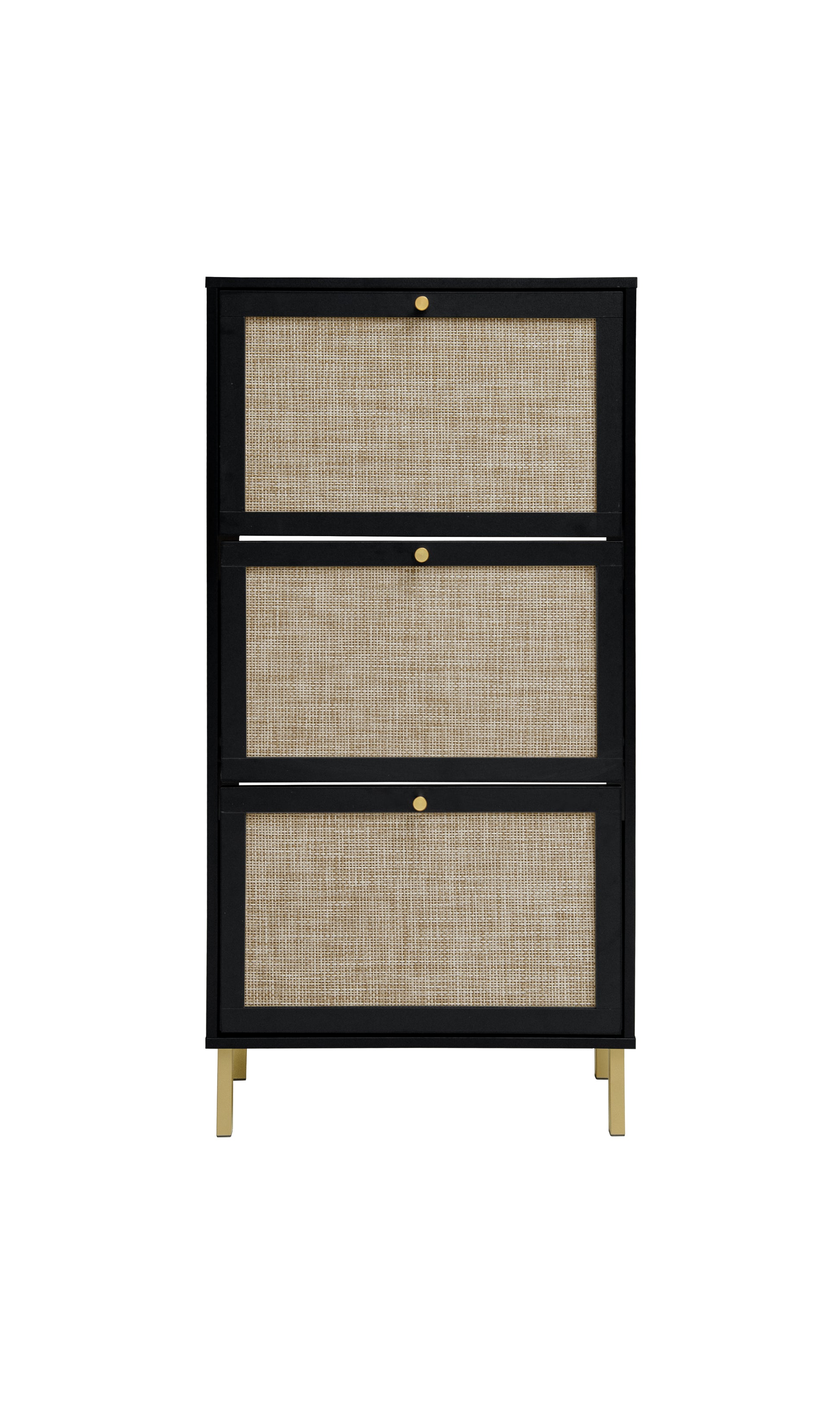 Rattan 3 Door Shoe Rack, Freestanding Modern Shoe Storage Cabinet, For Entryway Black Particle Board