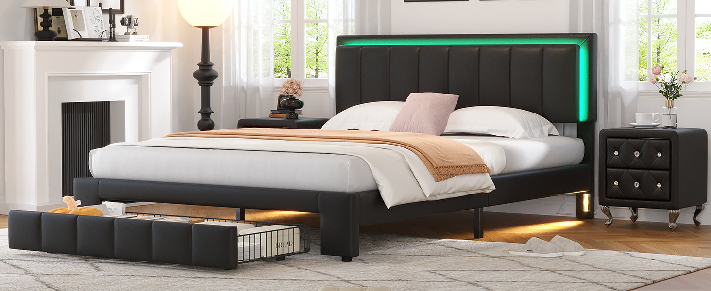 3 Pieces Bedroom Sets,Queen Size Upholstered Bed With Led Lights And Two Motion Activated Night Lights,Pu Nightstand With 2 Drawers And Crystal Handle,Black Queen Black 3 Piece Set Wood