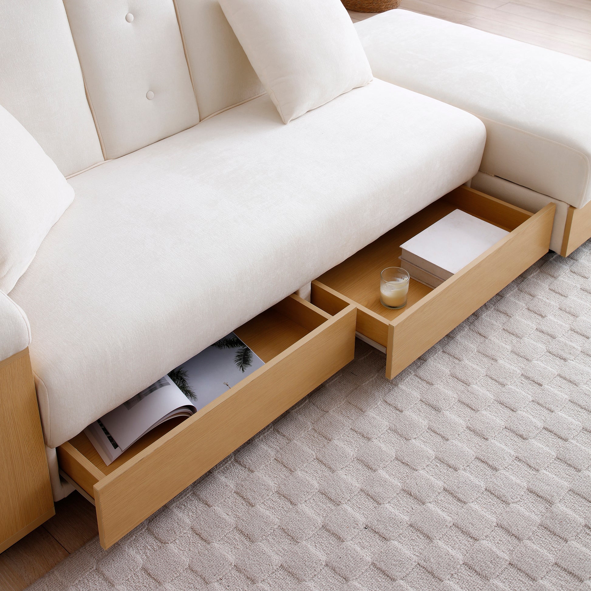 Convertible Sleeper Sofa Couch,Multifunctional Double Folding Sofa Bed,Storage Ottoman And Sofa Arm With Box And Drawer, Drop Down Table With 2Cup Holders For Living Room,Apartment,Office,Beige Beige Linen Wood Primary Living Space Modern Foam Cotton