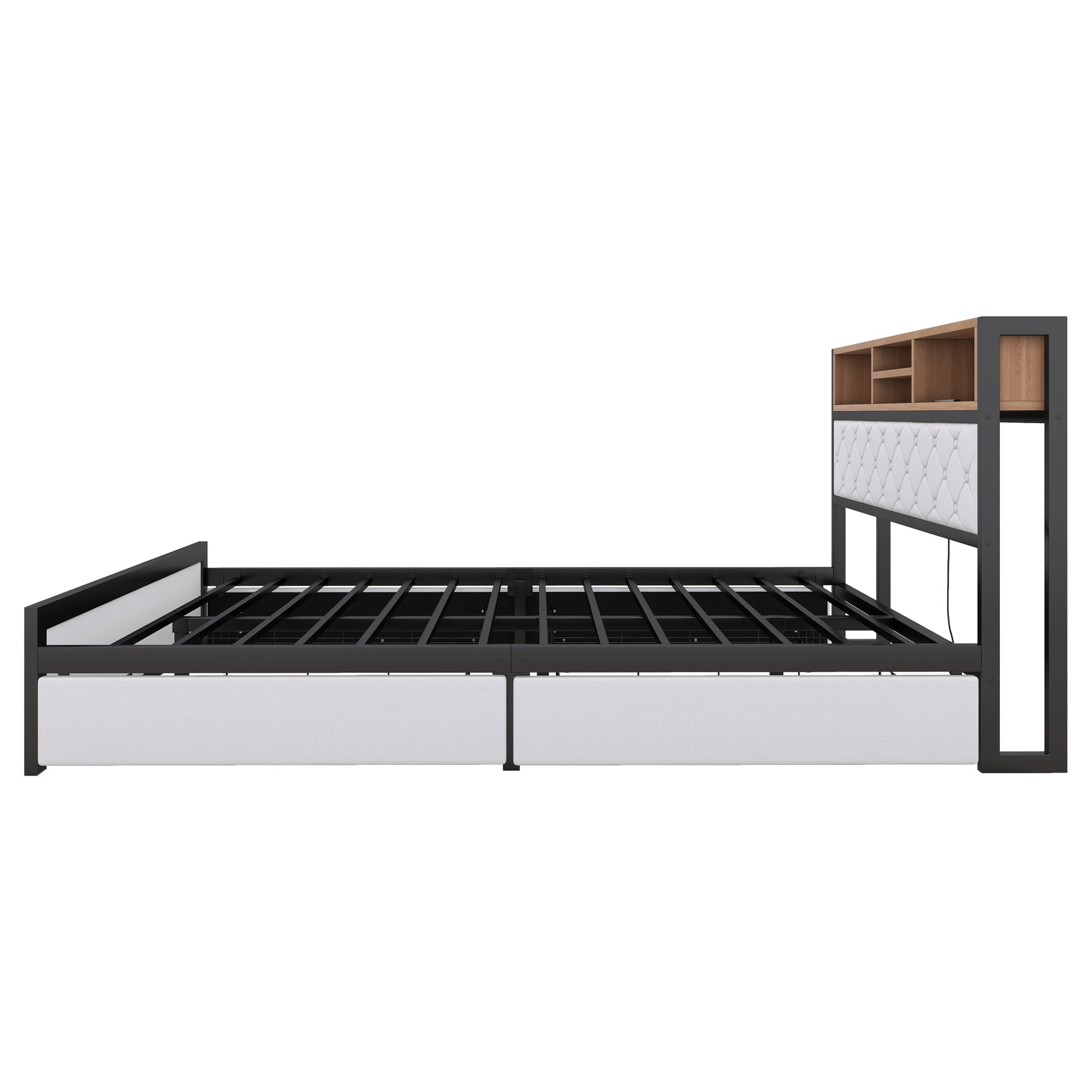 Metal Queen Size Platform Bed With 4 Drawers, Upholstered Headboard And Footboard, Sockets And Usb Ports, White Queen White Black Fabric Metal