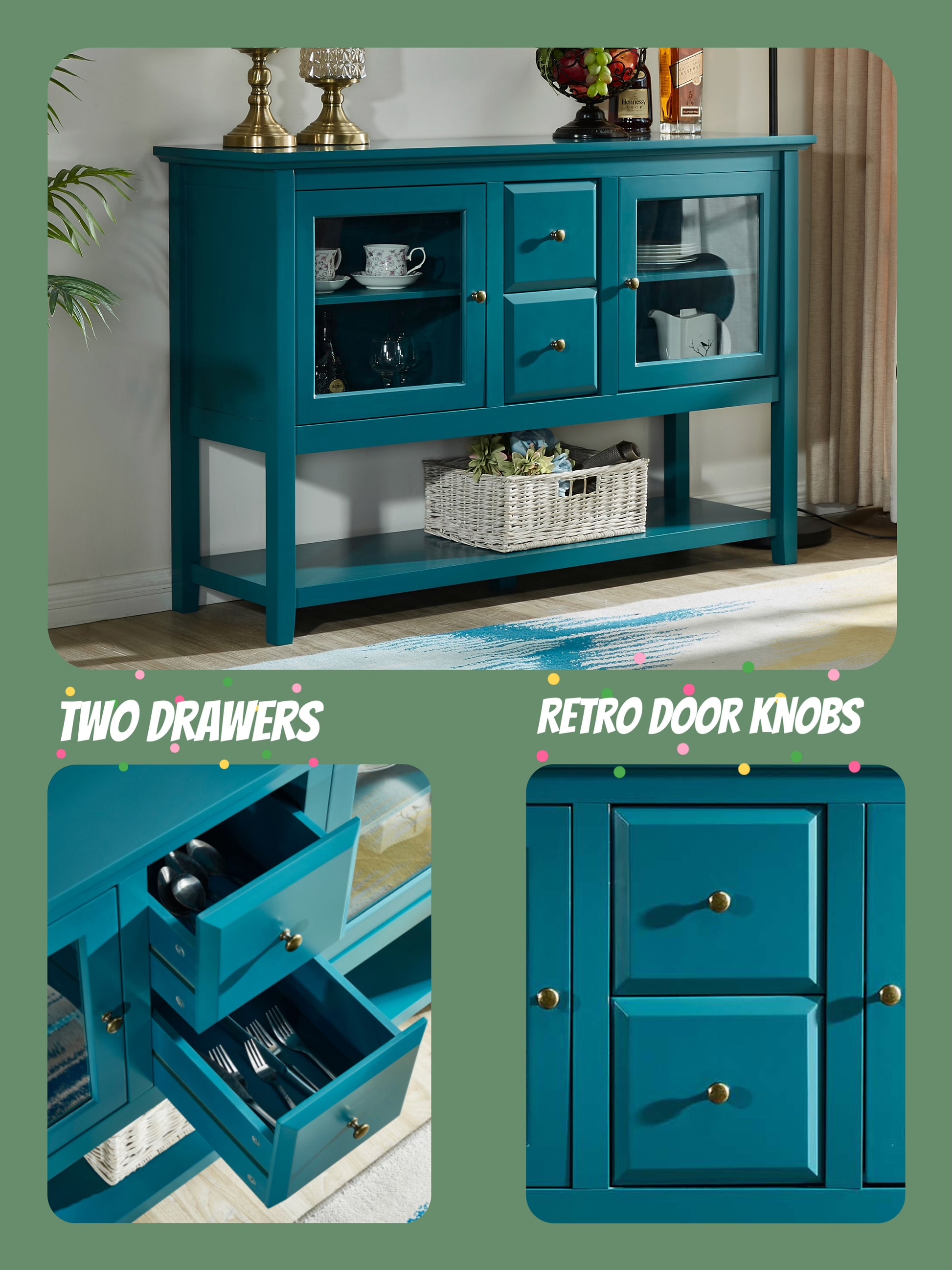 52" Modern Sideboard Storage With Adjustable Shelves, Sideboard Buffet Cabinet With 2 Doors, Credenzas For Dining Room, Living Room, Entryway Teal Dining Room Adjustabel Shelves Mdf Glass