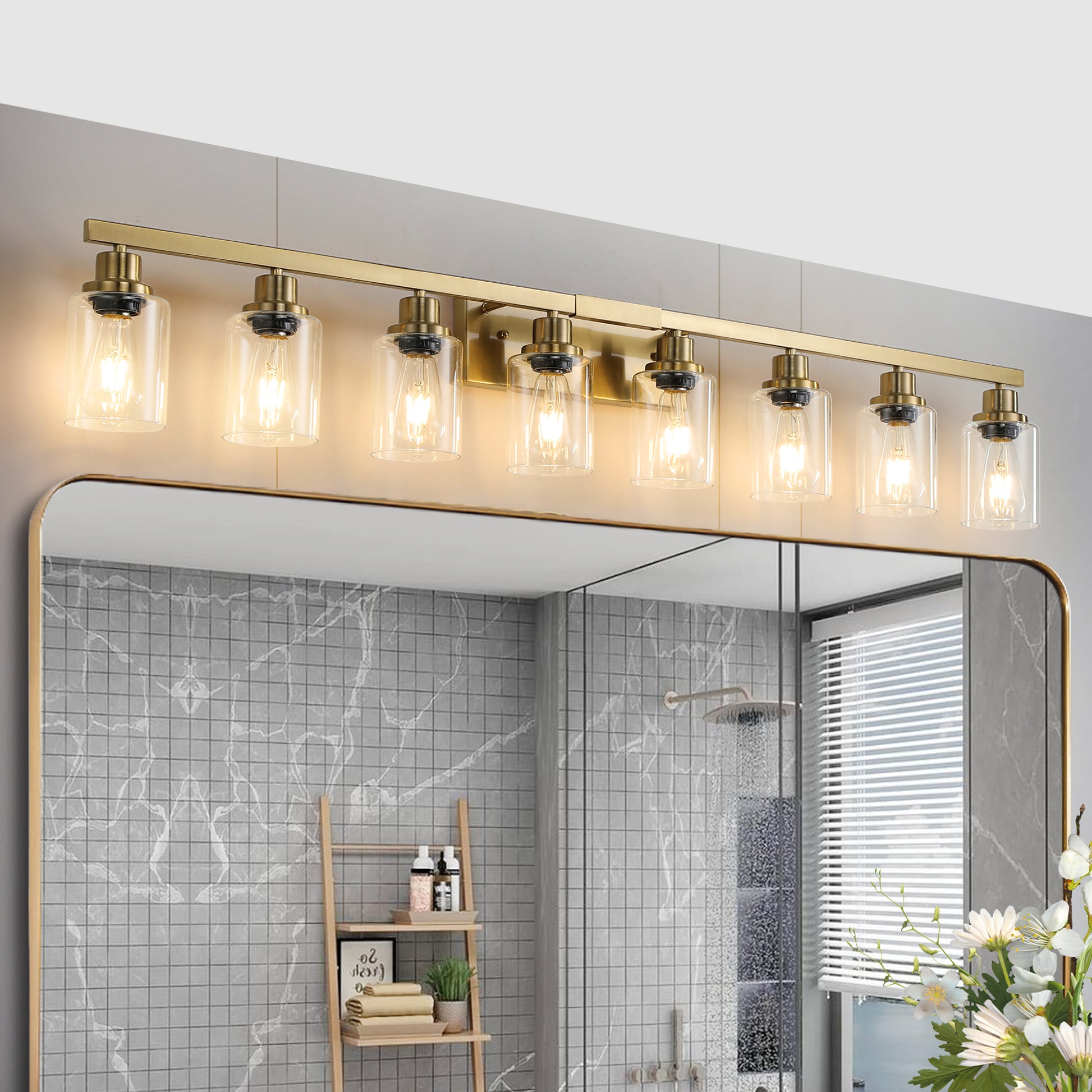 Golden 8 Light Vanity Light With Clear Glass Shades, Modern Iron Metal Bathroom Wall Fixture For Mirror, Ideal For Bathroom And Dressing Table No Bulbs Golden Glass Iron