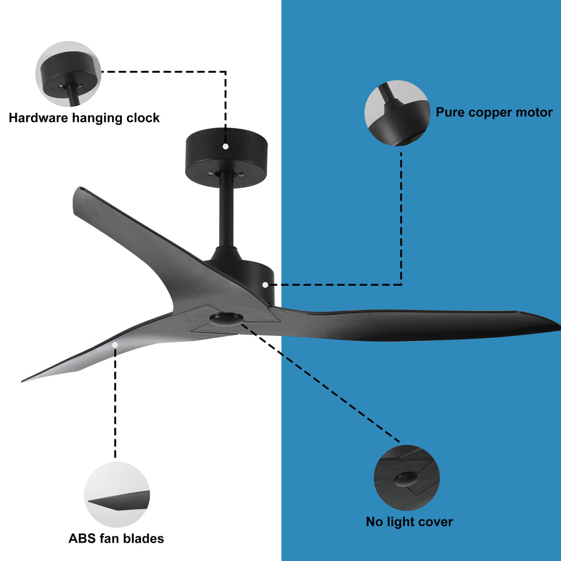 52" Outdoor Black Ceiling Fan Without Light With Remote Control ,3 Abs Blades Farmhouse Ceiling Fan 6 Speed Reversible Dc Motor Modern Ceiling Fan For Living Room, Bedroom, Kitchen Black Casual,Classic Abs Steel Q235