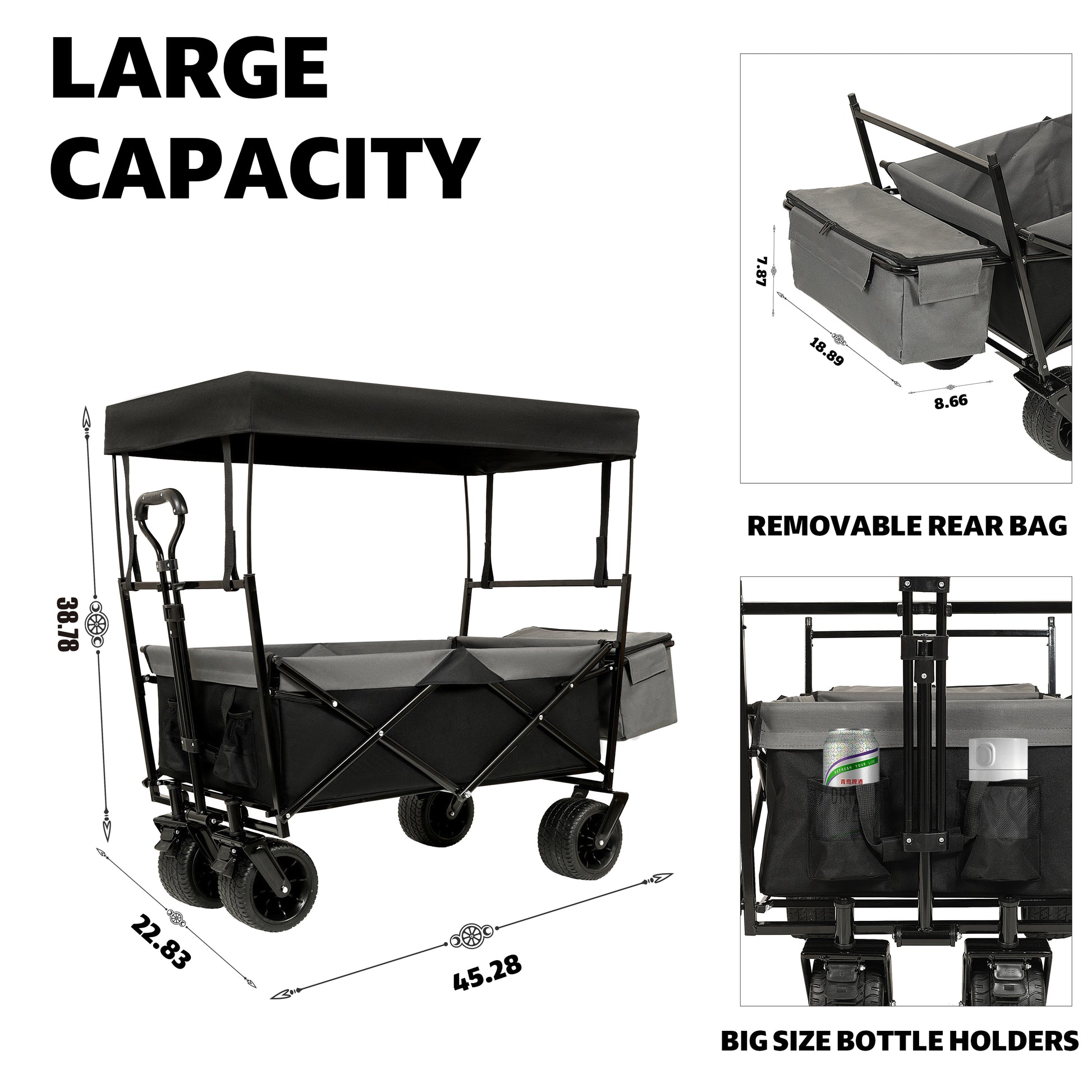 480Lbs Collapsible Wagon With Canopy,Wagon Stroller With 7" All Terrain Wheels, Lightweight Foldable Wagon, Large Capacity For Camping, Shopping, Sports, And Garden Use,Black With Mosquito Net Black