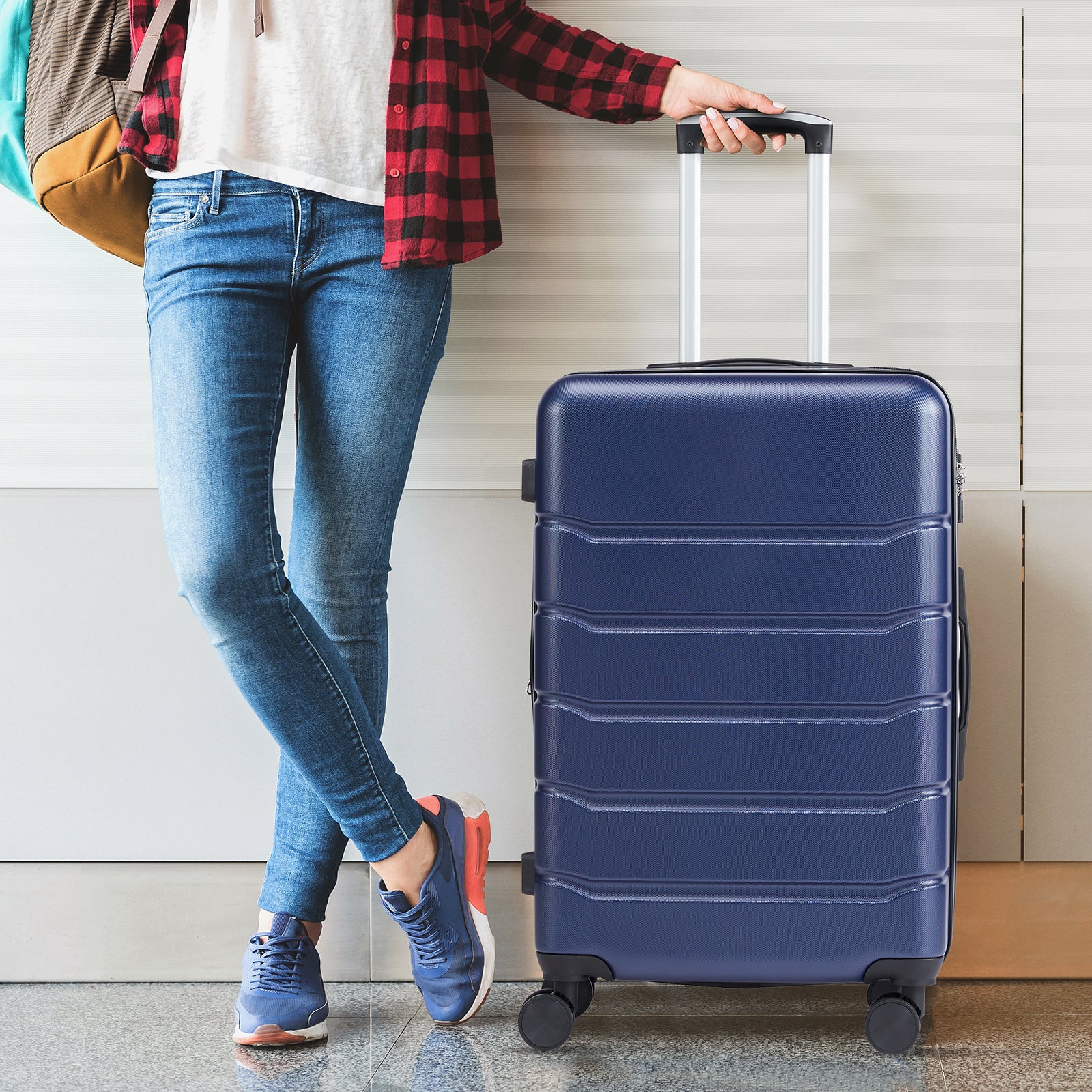 Hard Sided Expand Suitcase With Rotating Wheels, Tsa Lock, Retractable Handle, Blue, 20" 28" 3 Pack Blue Iron Plastic