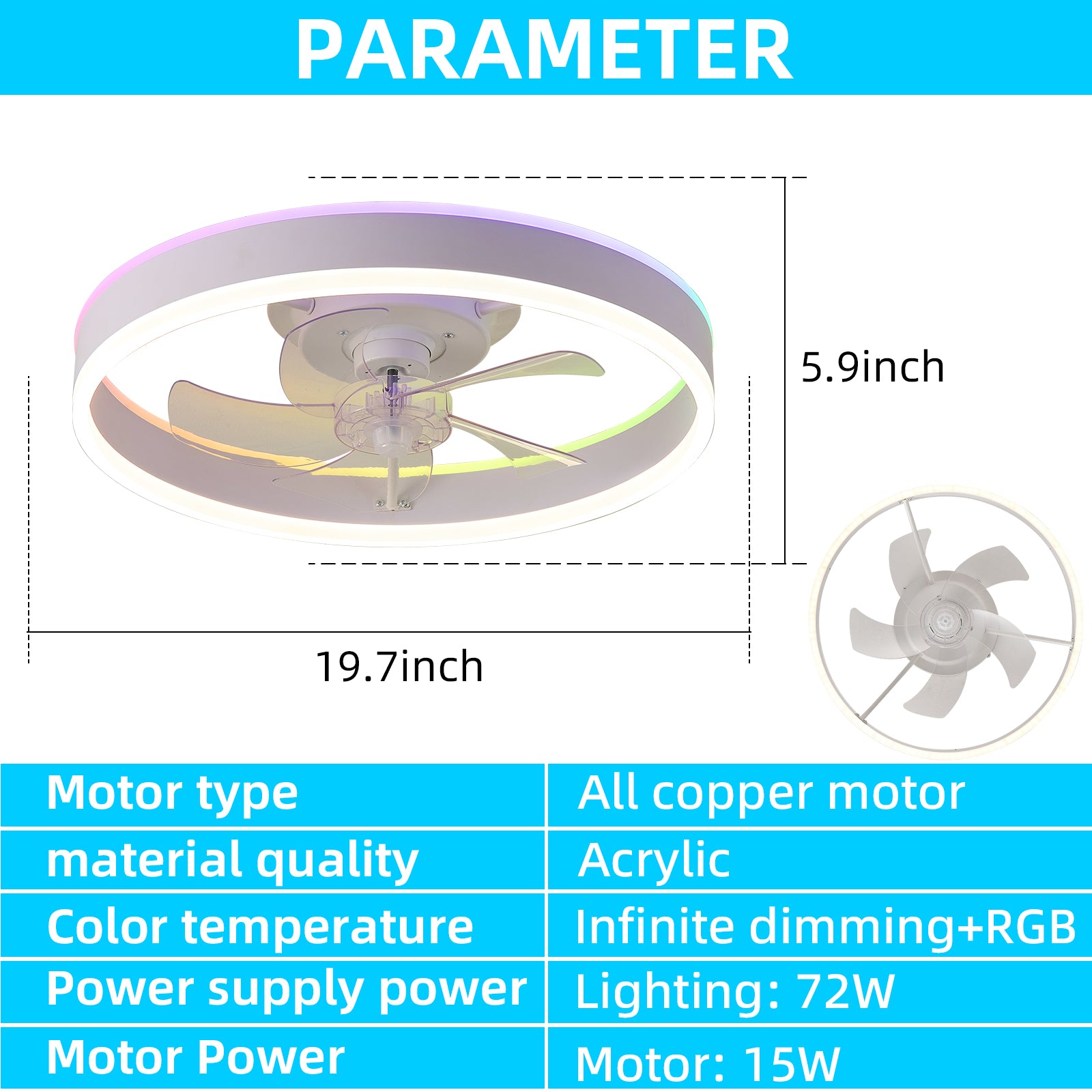 19.7 Inches Fan Light Rgb Color Lights Three Color Temperature 6 Speed Adjustable Wind Power Positive And Negative Rotation White Modern Acrylic