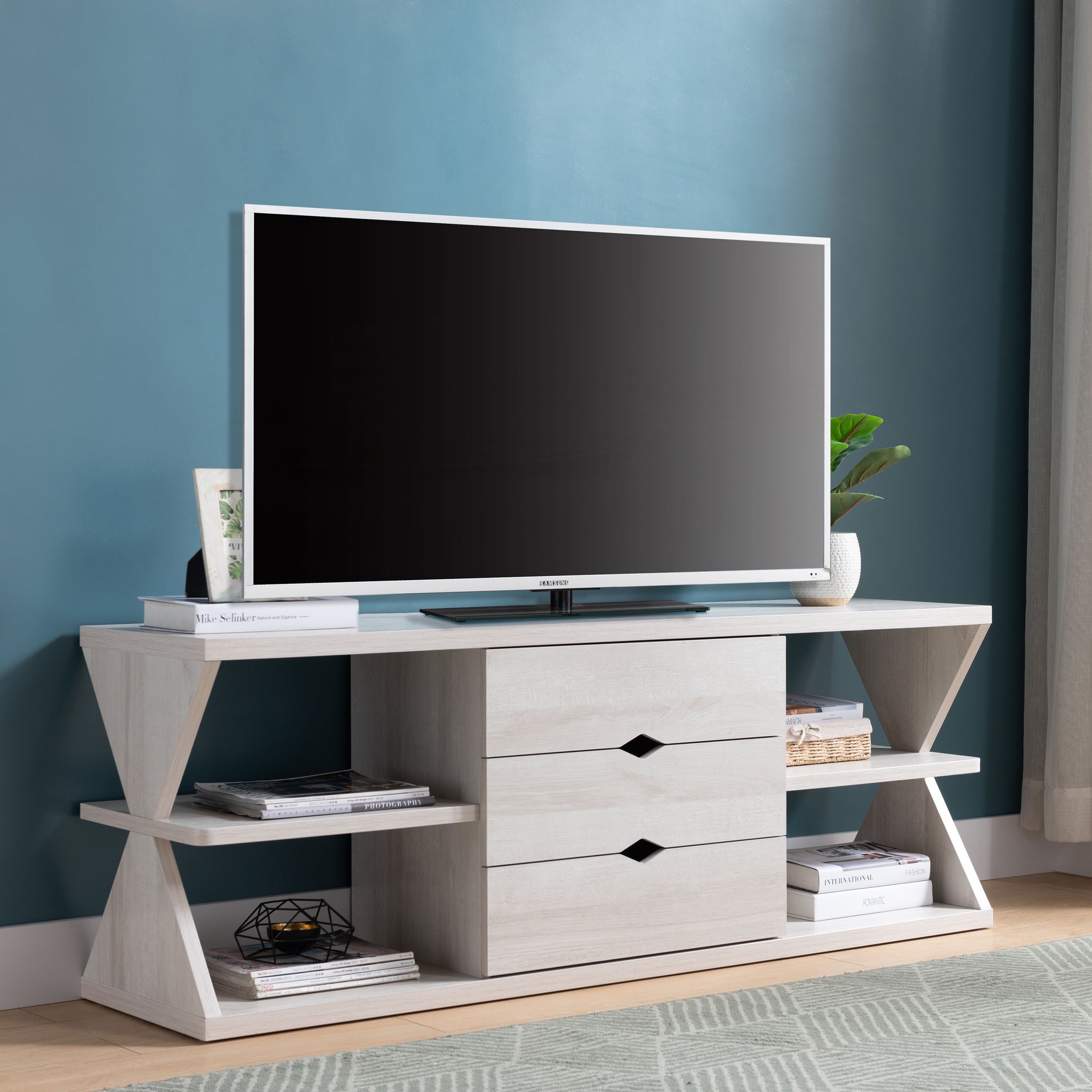 Tv Stand In White Oak With Whimsical Leg Design Large Storage With Three Drawers And Four Open Shelves White Oak 60 69 Inches Mdf