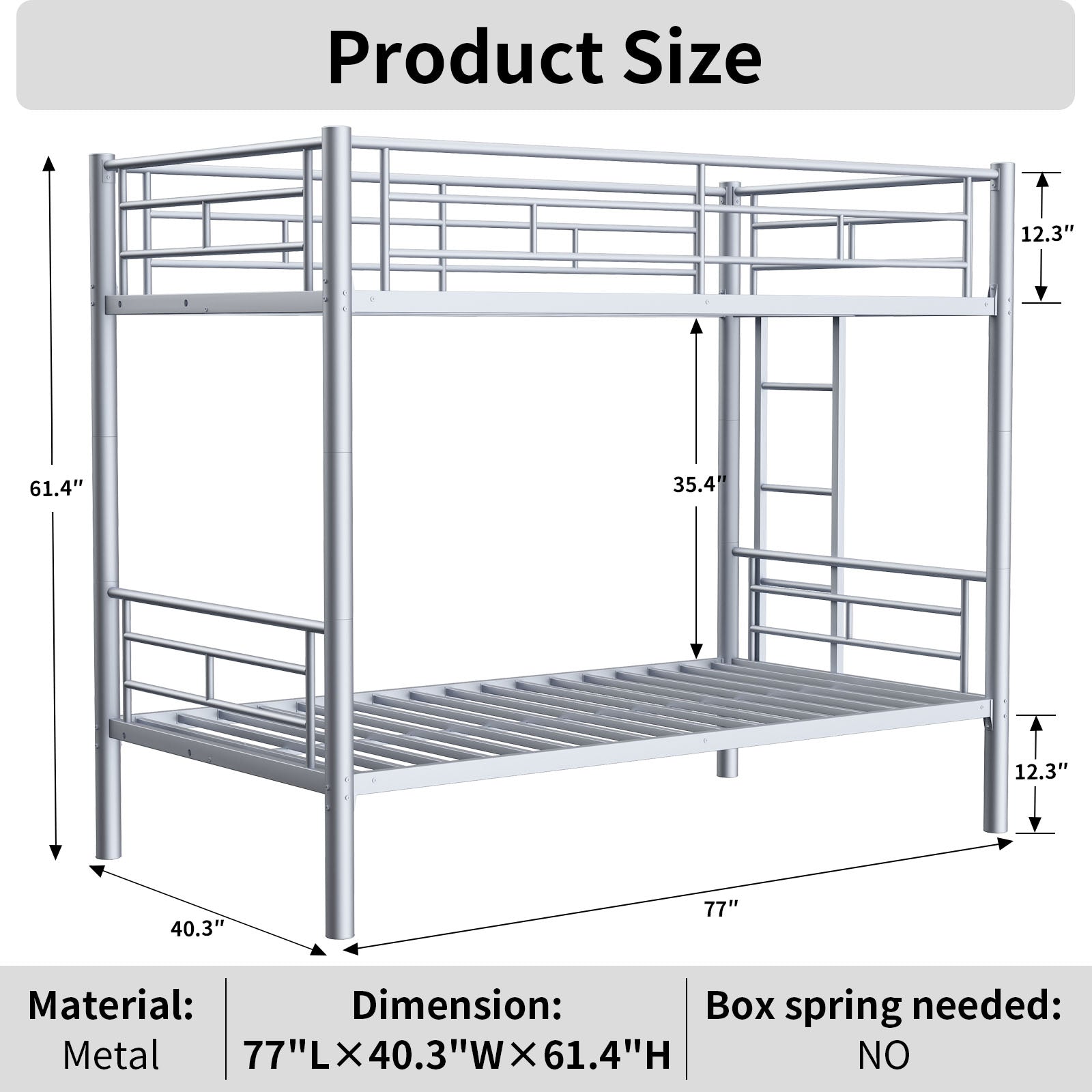 Bunk Bed Twin Over Twin Size With Ladder And High Guardrail, Able To Split, Metal Bunk Bed, Storage Space, Noise Free,Grey Silver Box Spring Not Required Twin Grey Silver Metal Metal