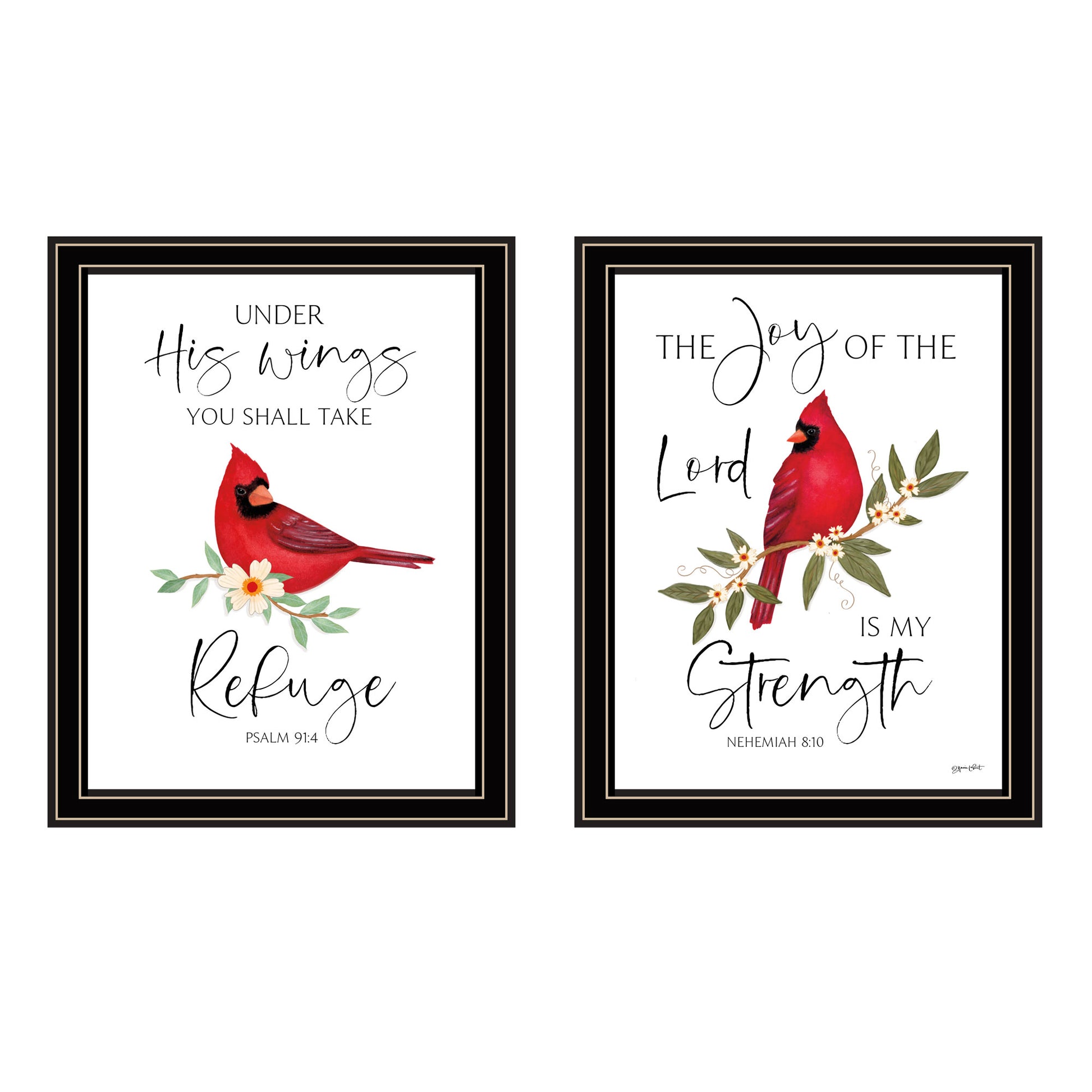 2 Piece Vignette The Lord Is My Strength Red Cardinals Black Framed Wall Art For Living Room, Bedroom Wall Art Print For Home Decor By Annie Lapoint Multicolor Wood Paper