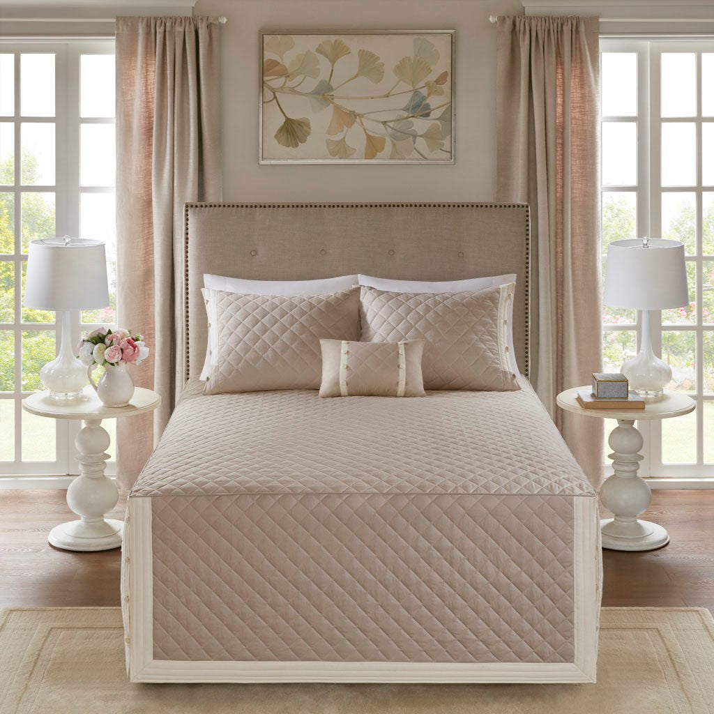 4 Piece Cotton Reversible Tailored Bedspread Set Khaki Queen Queen Khaki Cotton