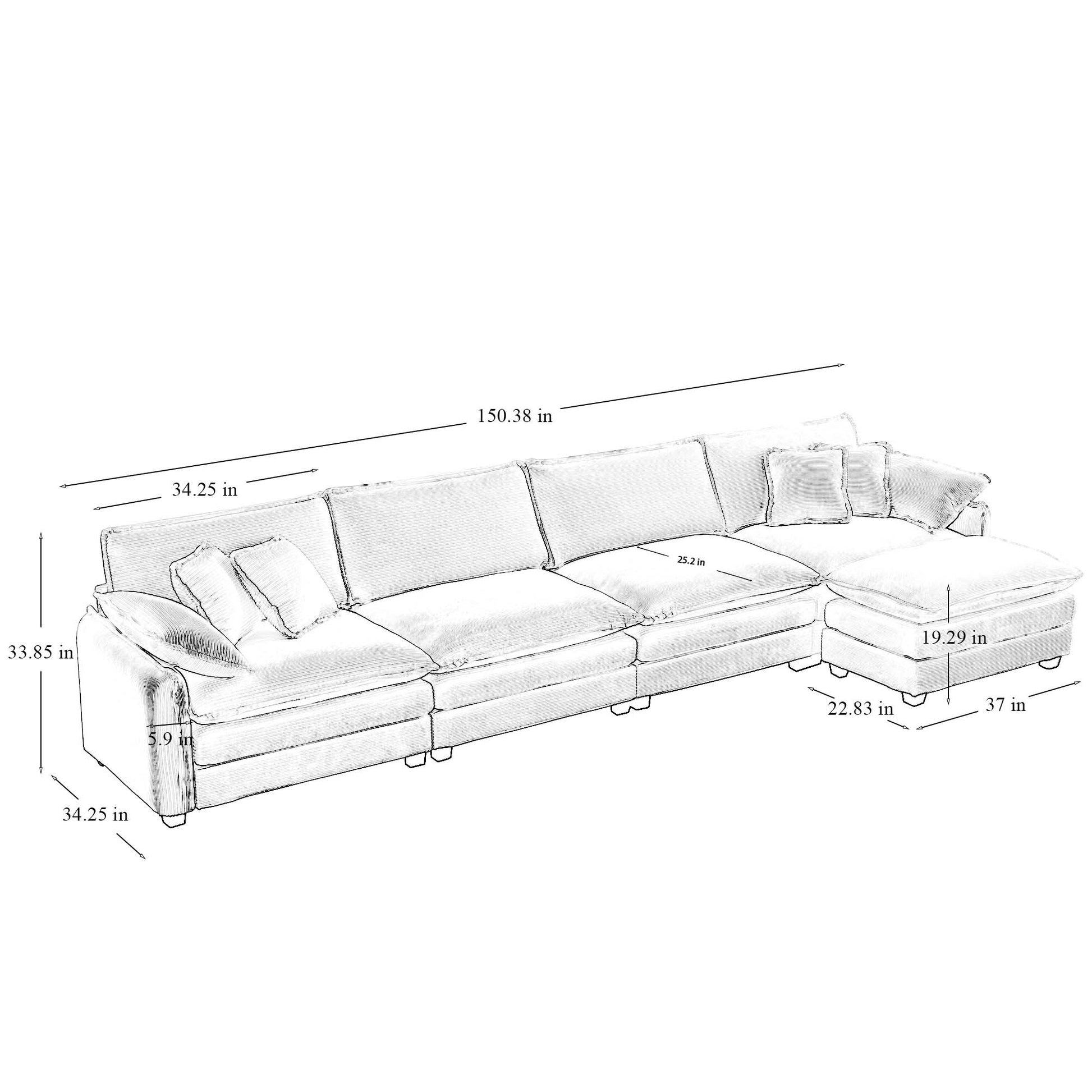 Corduroy Sofa Modern Upholstered 4 Seater With With 1 Footstool Corduroy Fabric Sofaoffice Living Room Apartment Comfort Sofa, Easy To Assemble With 2 Arm Pillows And 4 Throw Pillows Green Corduroy 4 Seat