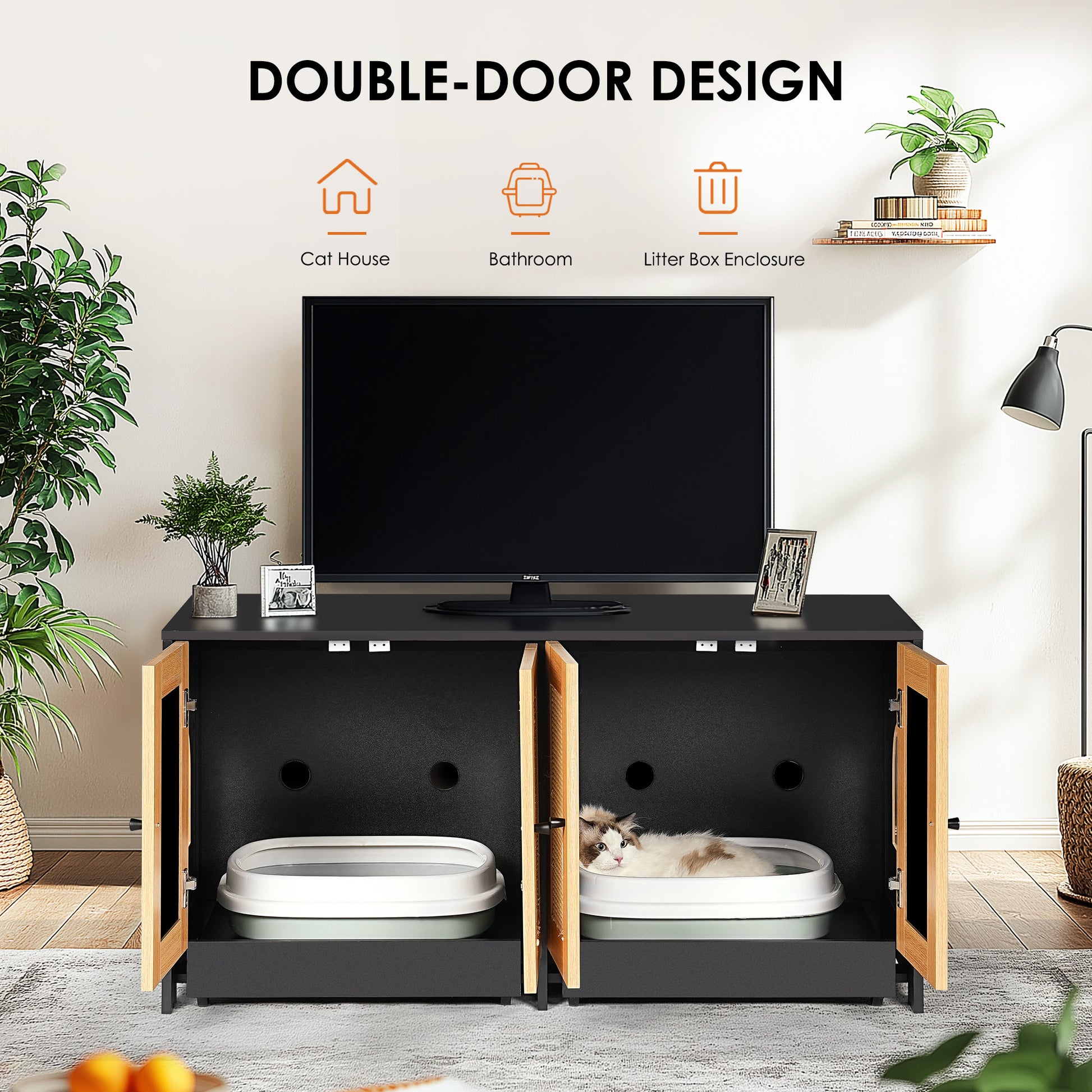 Double Litter Box Enclosure,Cat Litter Box Enclosure For 2 Cats, Hidden Litter Box Furniture With Rattan Doors, 47" L X 19.8" W X 21.8" H,Black Light Oak Particle Board