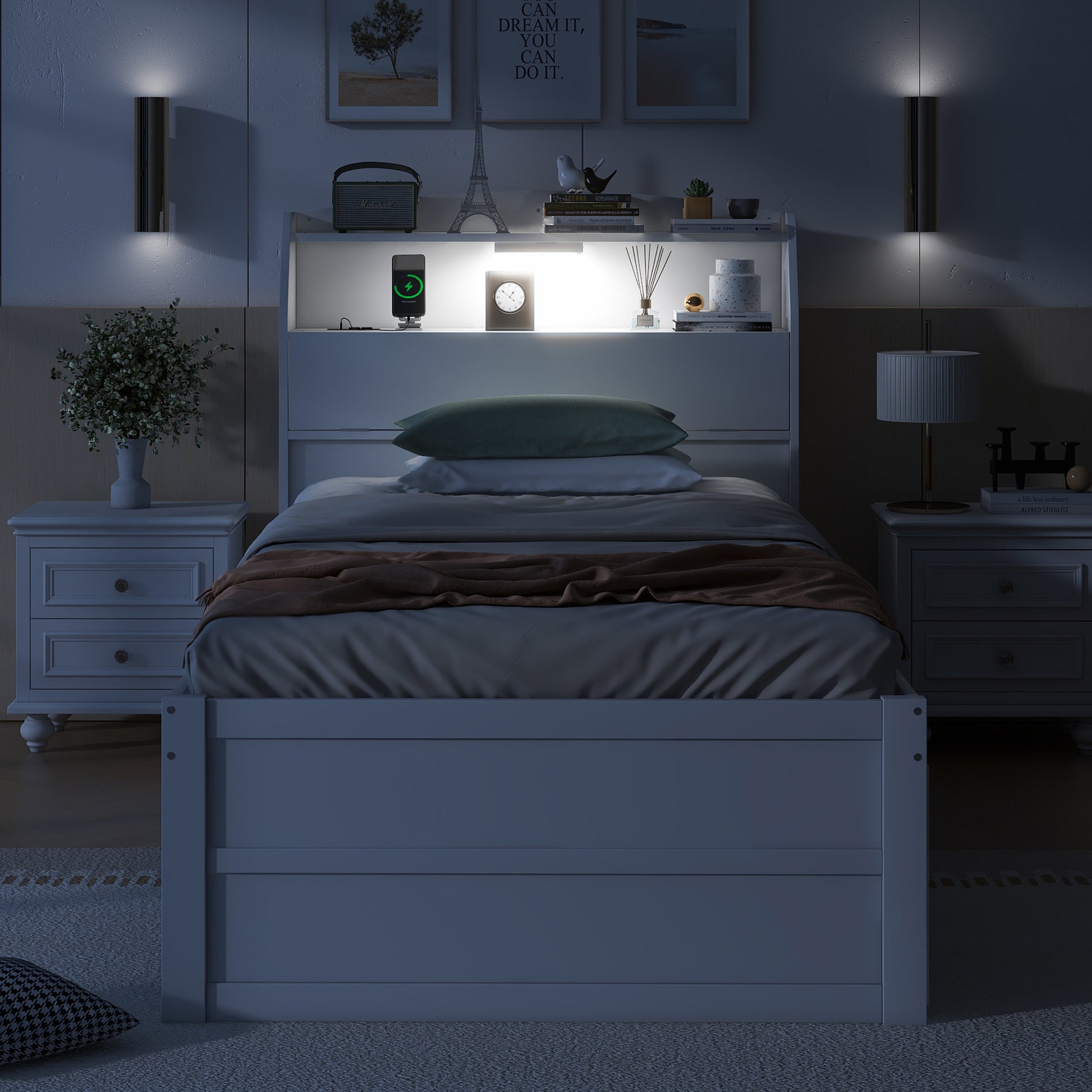 Twin Size Wooden Led Platform Bed With Trundle, With Storage Headboard, With Drawers, White Twin White Plywood