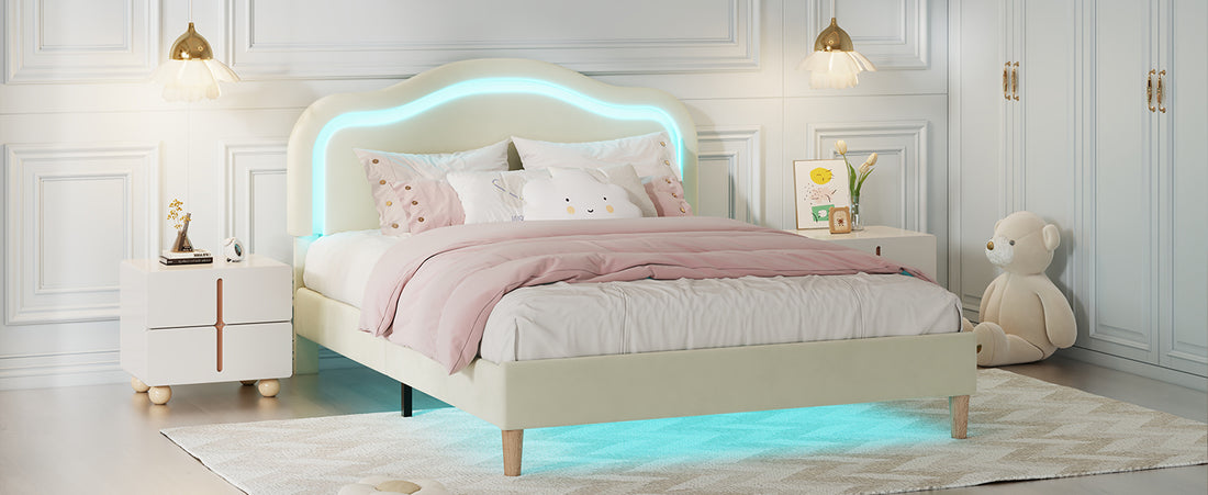 Full Size Velvet Upholstered Smart Led Bed Frame With Adjustable Height Headboard,No Box Spring Needed,Easy Assembly,Beige Box Spring Not Required Full Beige Wood Bedroom Cute,Modern Bed Frame Wood