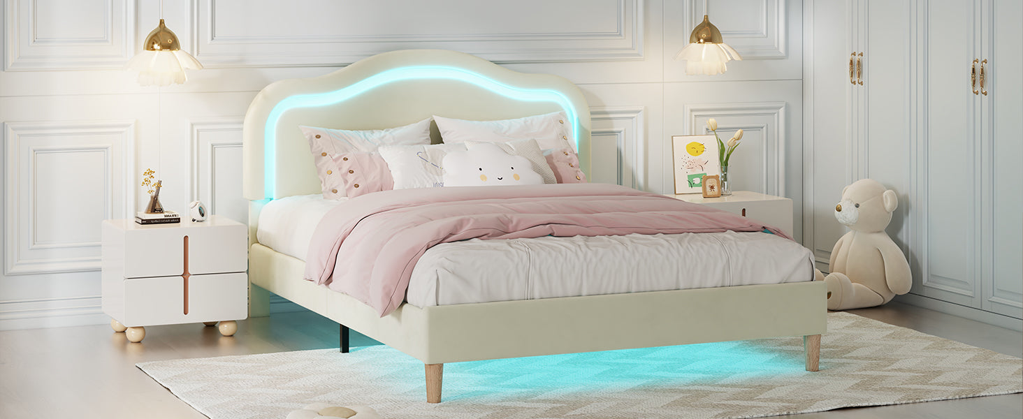 Full Size Velvet Upholstered Smart Led Bed Frame With Adjustable Height Headboard,No Box Spring Needed,Easy Assembly,Beige Box Spring Not Required Full Beige Wood Bedroom Cute,Modern Bed Frame Wood