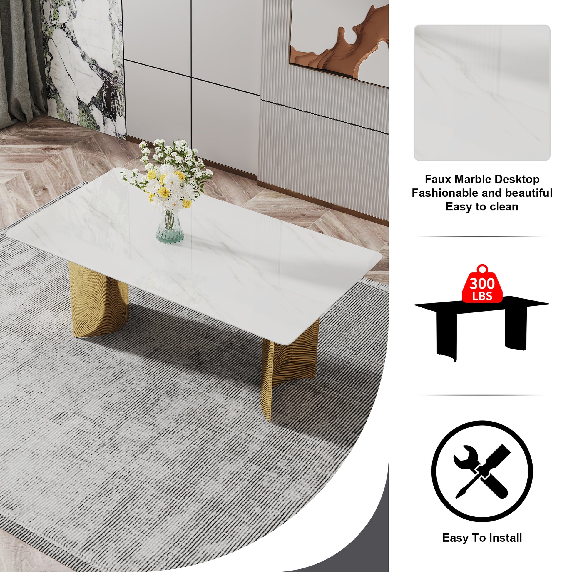 Table And Chair Set.The Table Has A Glass Top With Imitation Marble Pattern Stickers And Stainless Steel Golden Legs. Paried With Chairs With Pu Artificial Leather Backrest Cushions And Black Legs. White Gold Seats 6 Glass Metal
