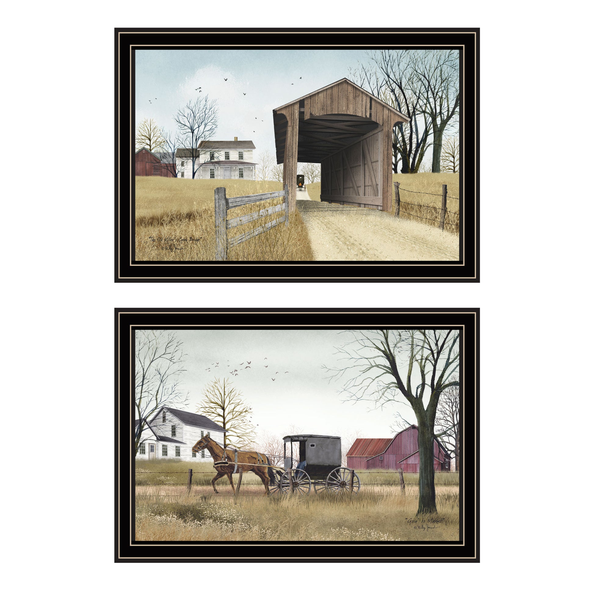 2 Piece Vignette Miller'S Creek Bridge, Going To Market Black Framed Wall Art For Living Room, Bedroom Wall Art Print For Home Decor By Billy Jacobs Multicolor Wood Paper