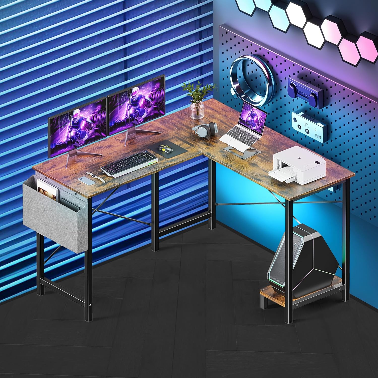 L Shaped Desk Gaming Computer 50 Inch Reversible Corner Table Pc For Writing Study Student With Wood Tabletop Metal Frame Cpu Stand Side Bag For Home Office Small Place, Rustic Brown Wood