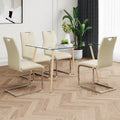 Modern Simple Rectangular Glass Dining Table, Solid Tempered Glass Countertop, Wood Transfer Metal Table Legs, Light Yellow Pu Dining Chair Set, Suitable For Restaurant Kitchen Use Set Of 5 Upholstered Chair Glass Light Yellow Seats 4 Metal Rectangular