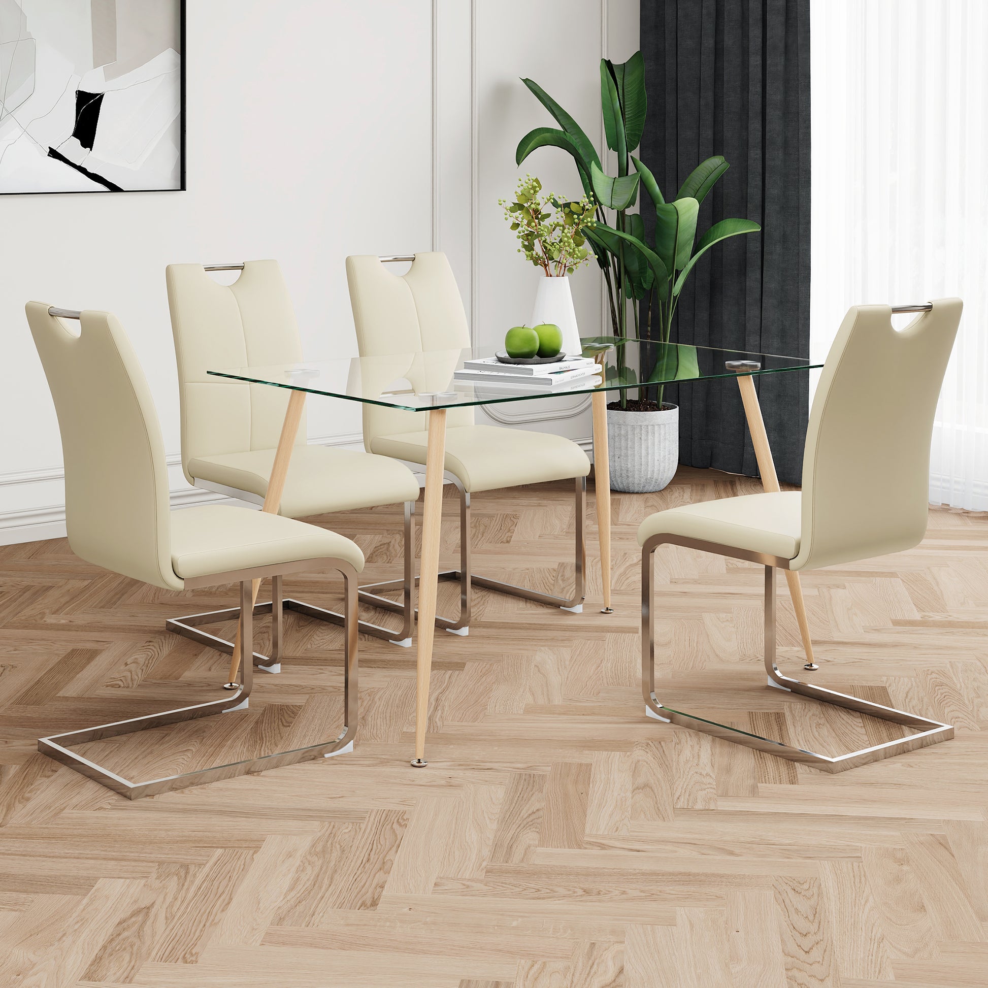 Modern Simple Rectangular Glass Dining Table, Solid Tempered Glass Countertop, Wood Transfer Metal Table Legs, Light Yellow Pu Dining Chair Set, Suitable For Restaurant Kitchen Use Set Of 5 Upholstered Chair Glass Light Yellow Seats 4 Metal Rectangular