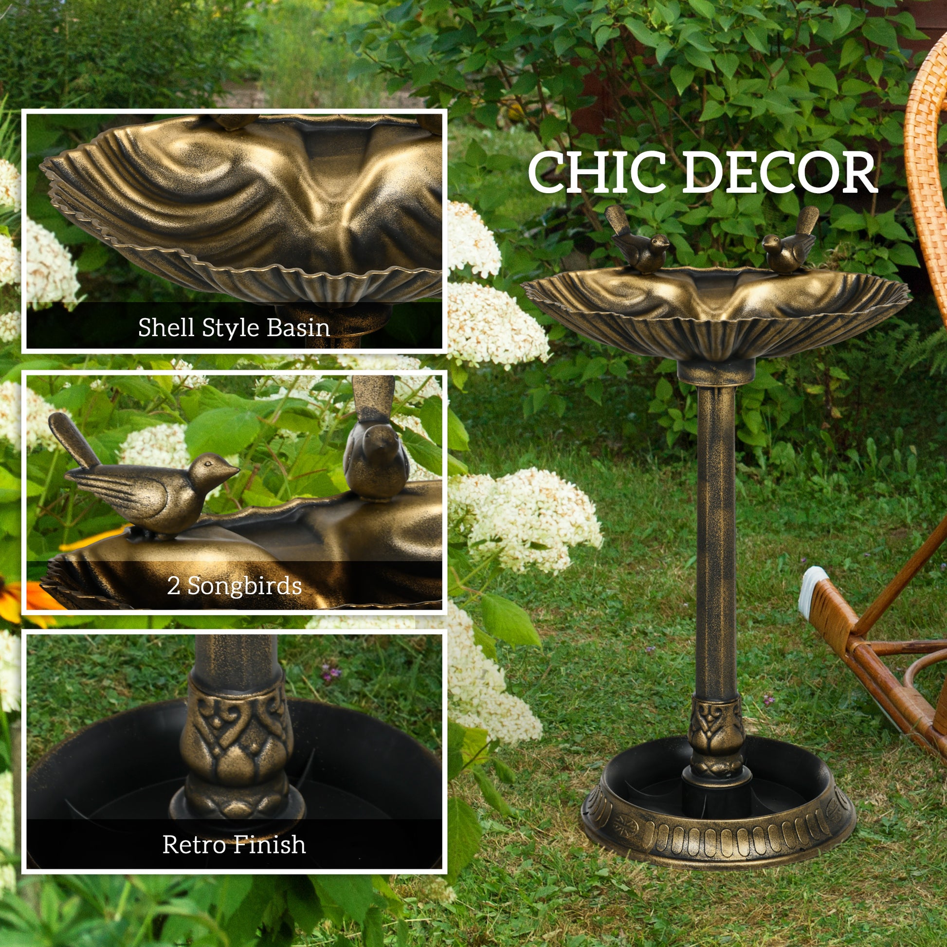 Outsunny 32" Antique Bird Bath With Pedestal Flower Planter Base, Vintage Style Decorative Birdbath, Bird Feeder Bowl & Planter Decoration Yard Statue, Bronze Bronze Polypropylene
