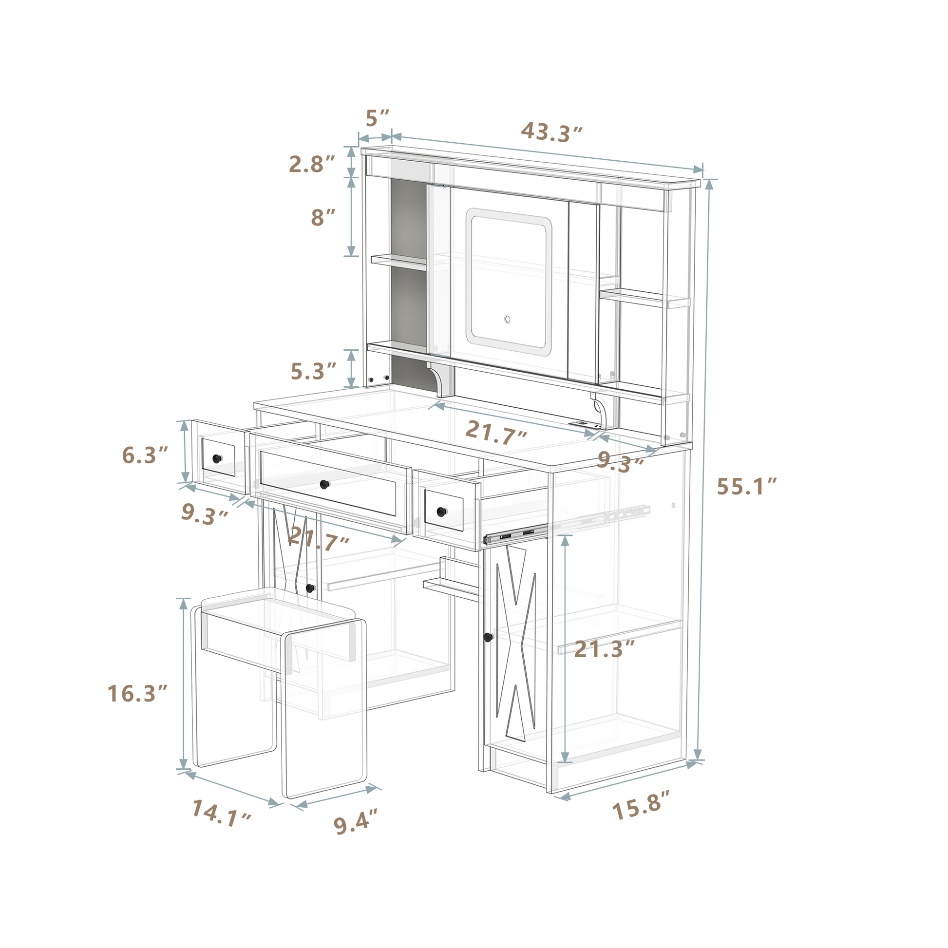 Farmhouse Vanity Desk With Sliding Mirror,Lights And Charging Station,Makeup Table Desk With Dimmable Led Light,Vanity Makeup Table With Sponge Soft Stool,White Brown Finish White Drawer 5 Drawers &