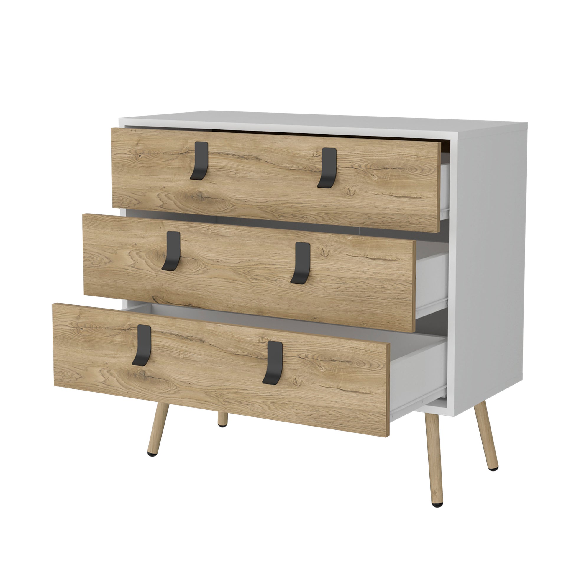 Kimball 3 Drawer Dresser, Modern Chic Storage With Wooden Legs Multicolor Particle Board Engineered Wood