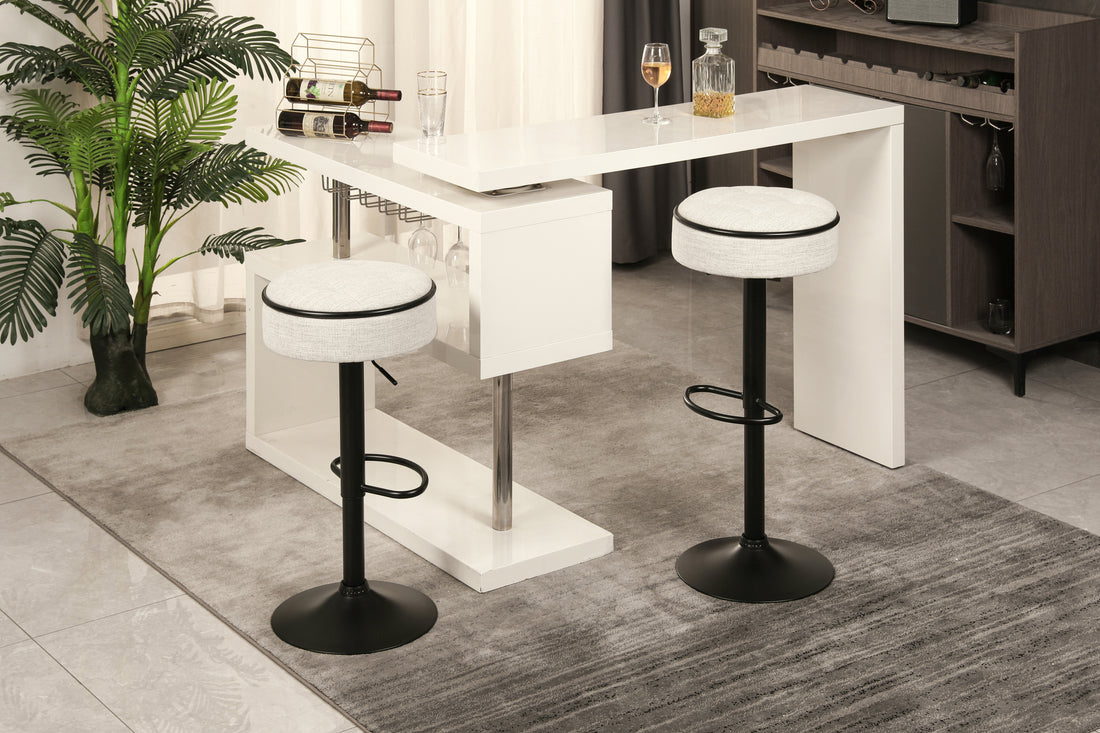 Round Storage Bar Stool Set Of 2, Off White Linen Height Adjustable Barstool, 360 Counter Height Swivel Stool, Armless Bar Chair With Metal Frame For Kitchen Counter Dining Living Room Off White Set Of 2 Foam Linen