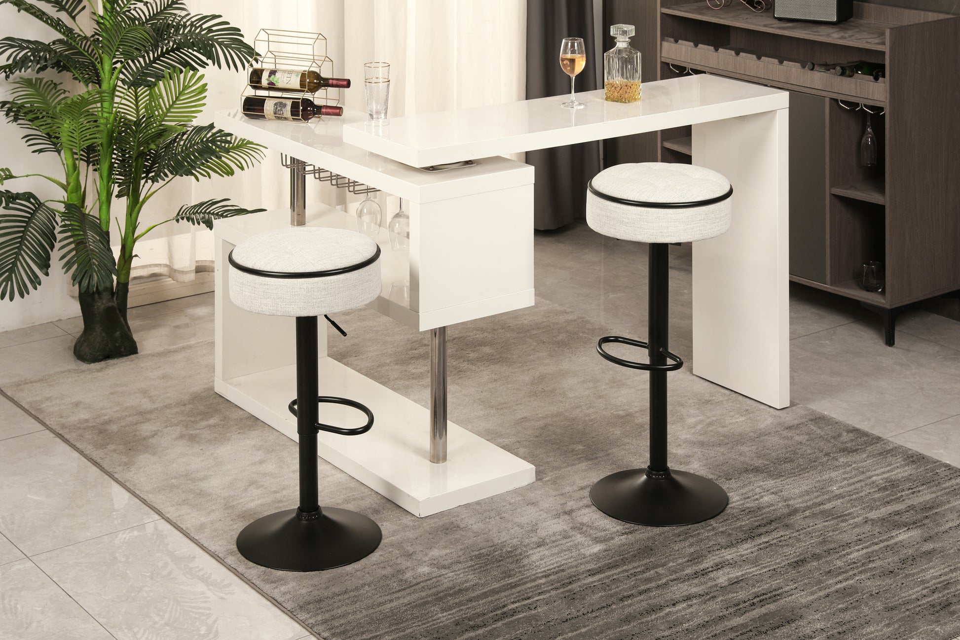 Round Storage Bar Stool Set Of 2, Off White Linen Height Adjustable Barstool, 360 Counter Height Swivel Stool, Armless Bar Chair With Metal Frame For Kitchen Counter Dining Living Room Off White Set Of 2 Foam Linen