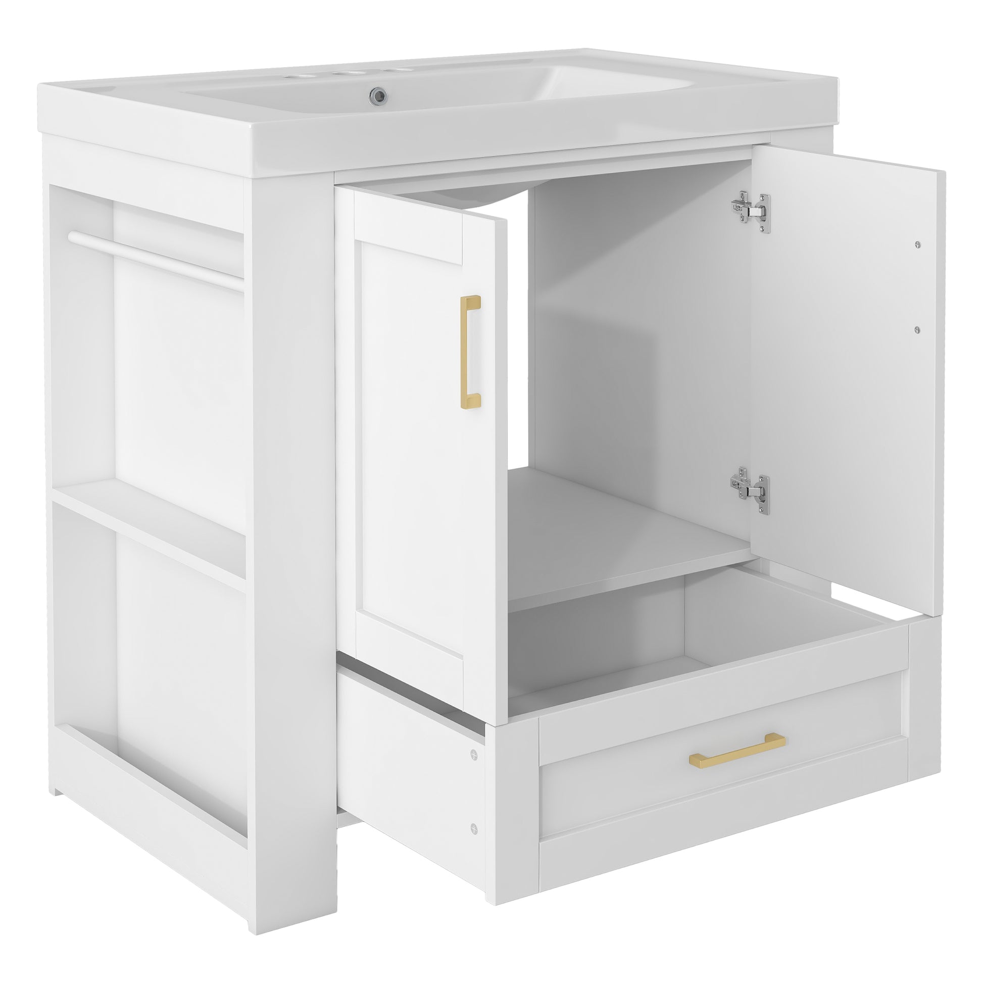 30'' Bathroom Vanity With Seperate Basin Sink, Modern Bathroom Storage Cabinet With Double Sided Storage Shelf, Freestanding Bathroom Vanity Cabinet With Single Sink 1 White Adjustable Hinges Bathroom Freestanding Solid Wood Mdf Resin Painted