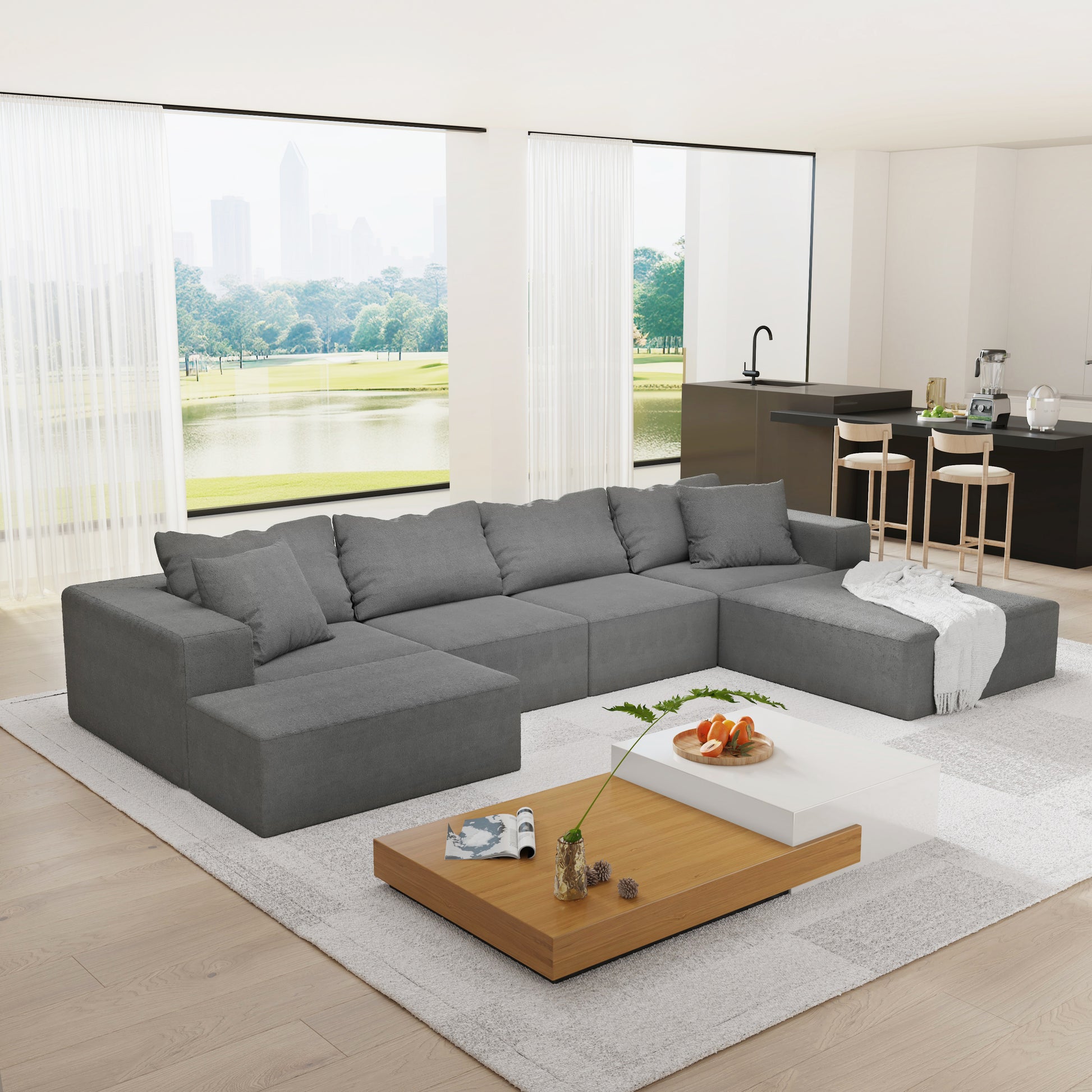 Modern Upholstered Sectional Sofa Couch Set,Modular 132" L Shaped Sectional Living Room Sofa Set With 6 Pillows,Free Combination Sofa Couch For Living Room,Bedroom Grey Foam Chenille 6 Seat