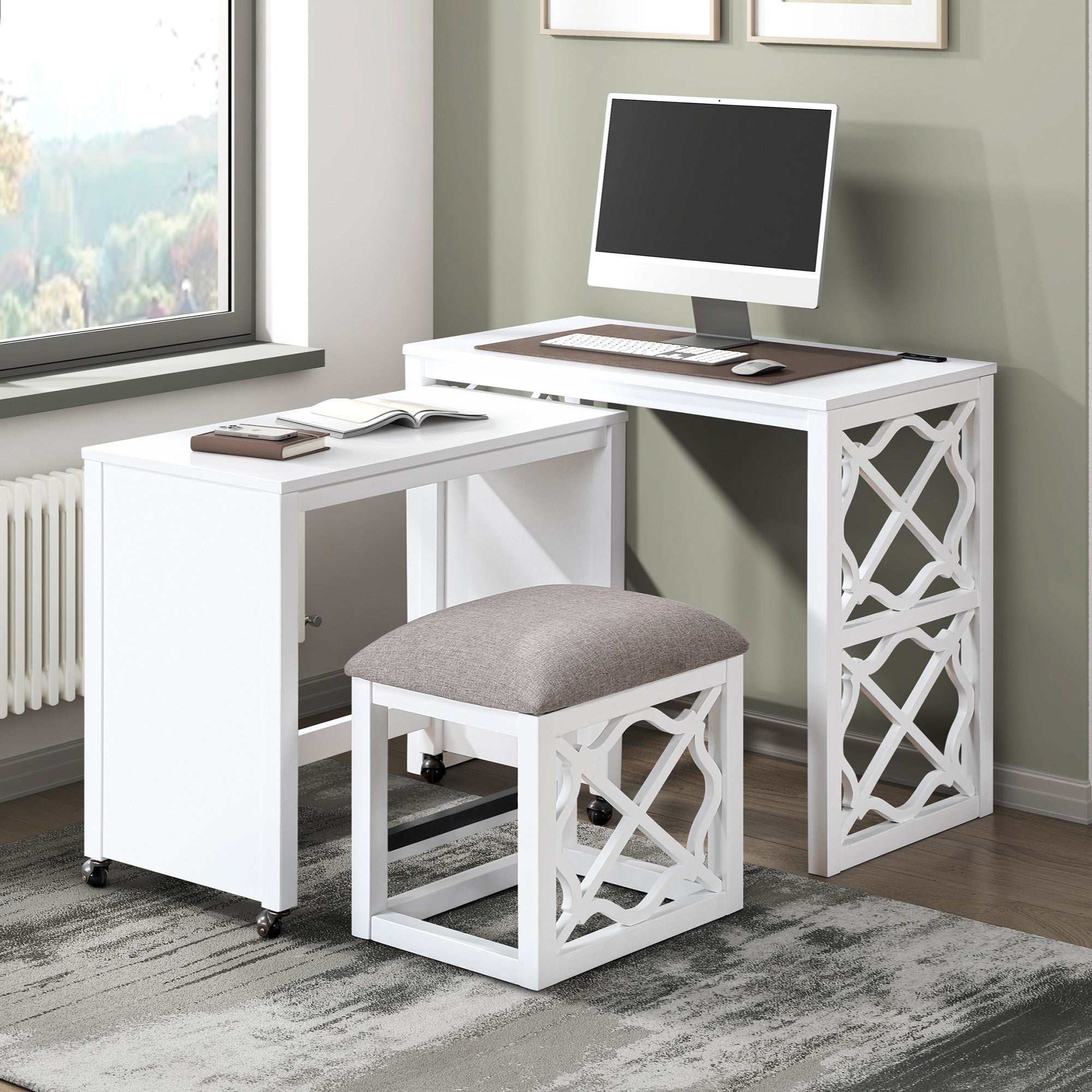 Desks And Stool Set 3Pc White Finish Rolling Desk With Casters, 2 Charging Ports Home Office Furniture White Computer Desk Primary Living Space Contemporary Desk Rectangular Wood