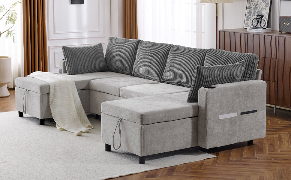 111.8" Sectional Sofa Pull Out Sofa Bed Versatile Sofa Sleeper With Large Storage Space, Two Usb Ports And Two Cup Holders For Living Room, Grey Grey Foam Chenille 4 Seat