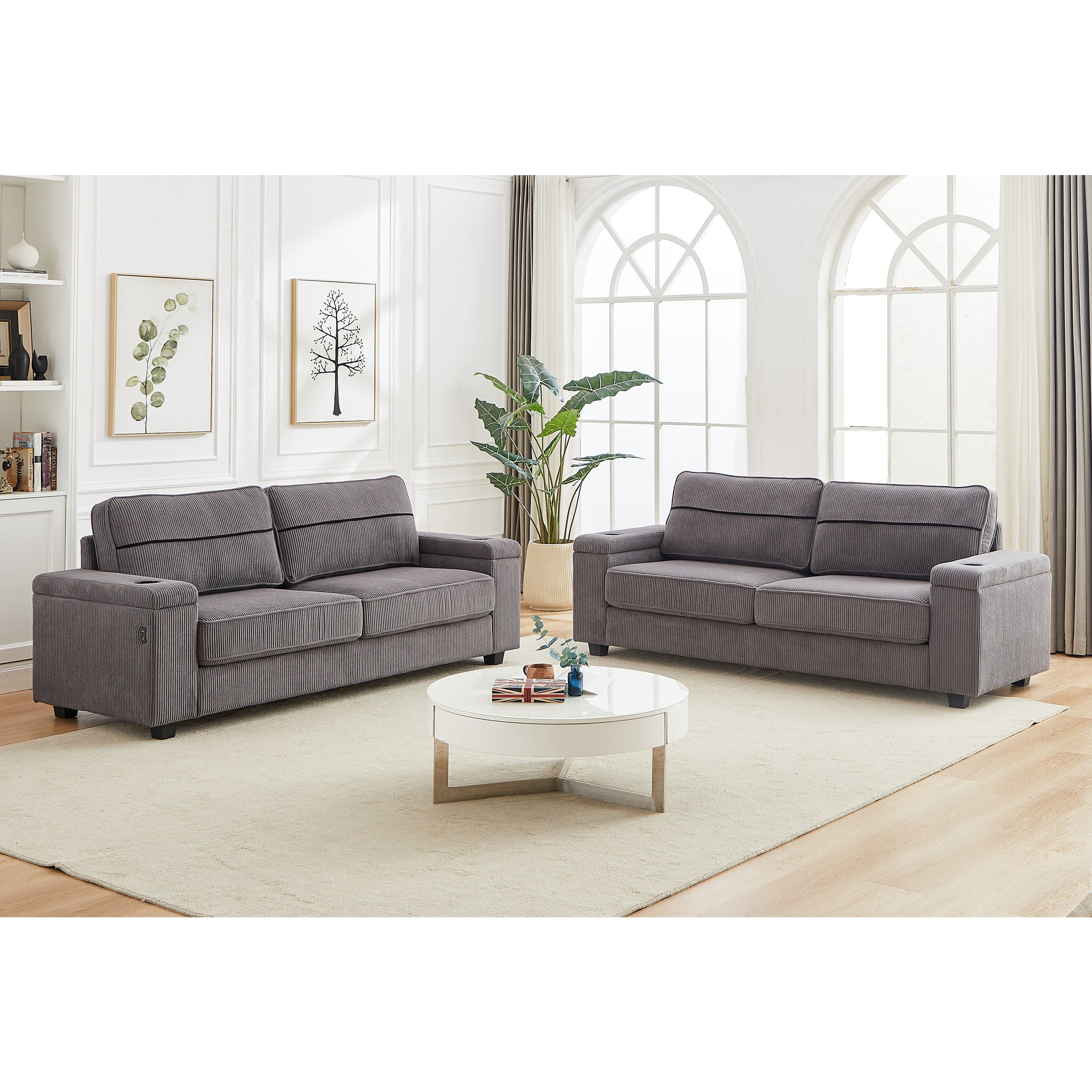 86.5 Inch Sofa Couch Deep Seat Sofa With Two Storage Spaces, T Pyce Charging Portsusb Charging Ports & 2 Cup ,Corduroy 3 Seater Couch, Modern Sofas For Living Room Grey Foam Corduroy 3 Seat