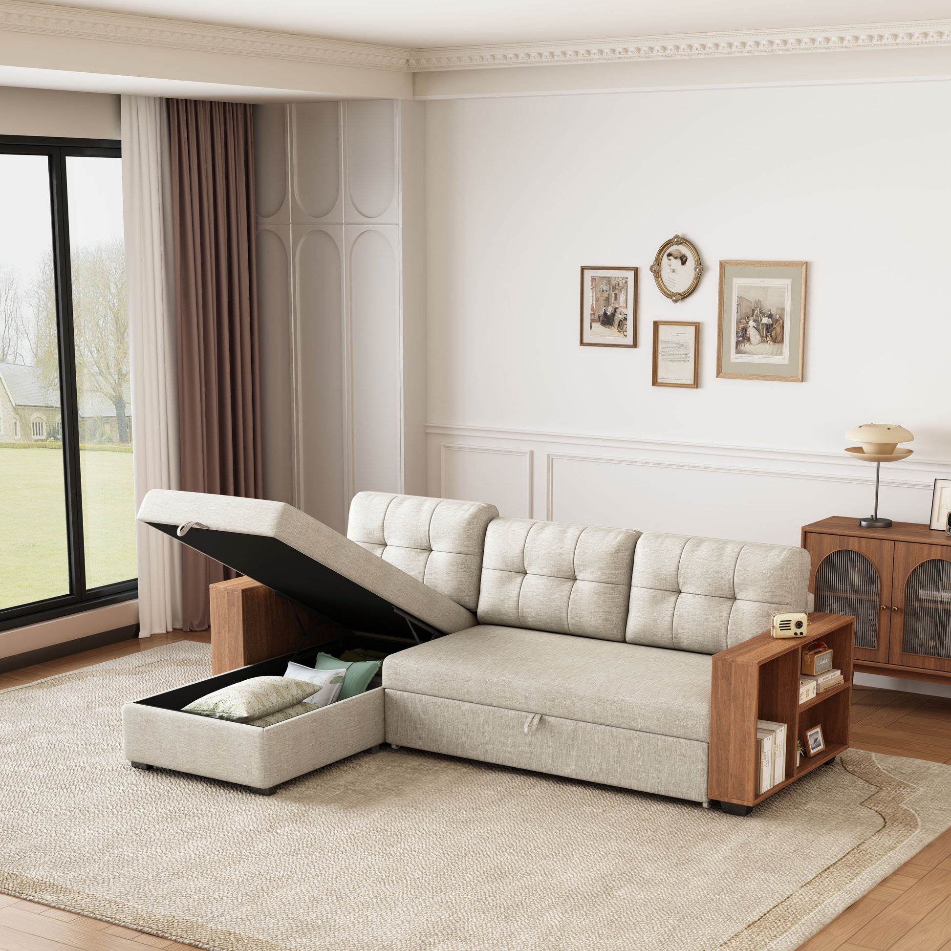 Upholstered Pull Out Sectional Sofa With Storage Chaise, Convertible Corner Couch, Beige Wooden Handrail Beige Wood Medium Soft Pillow Back Modern Square Arms Linen 3 Seat