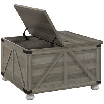 Homcom Farmhouse Coffee Table, Square Coffee Table With Storage For Living Room, Center Table With Hinged Flip Lift Top And Hidden Space, Distressed Gray Gray Particle Board