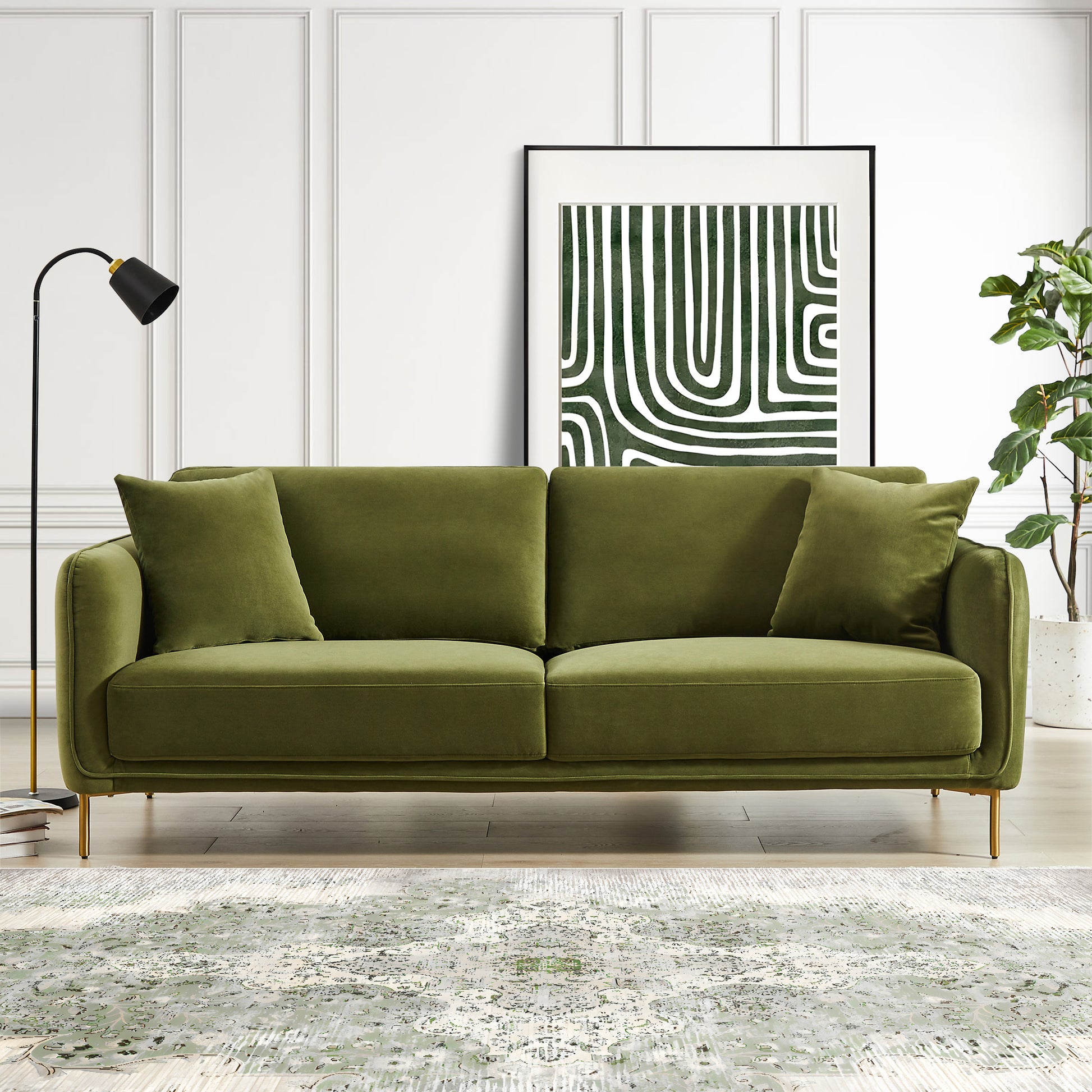 Danton Olive Green Velvet Sofa Gold,Light Green,Olive Green Velvet Metal Primary Living Space Metal,Velvet 3 Seat