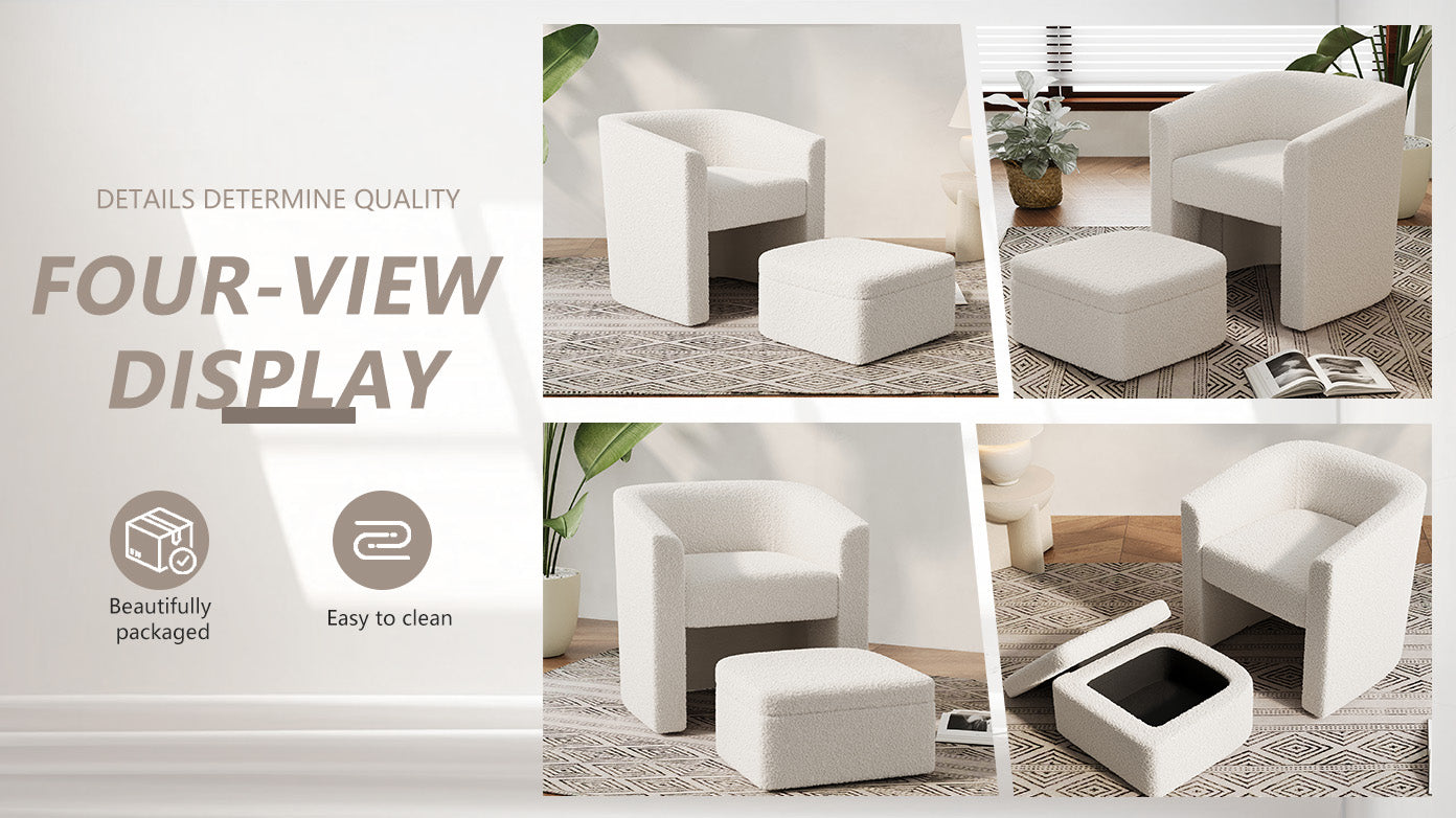 Accent Chair White Sofa Chair One Set, Modern Living Room Side Chair, Single Sofa Chair, Footstool With Storage, Suitable For Bedroom Office Reading Space, Study Cream White Cream White Foam Velvet