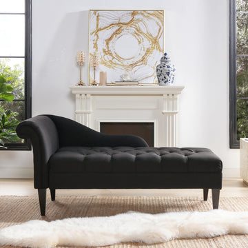 Harrison Tufted Roll Arm Chaise Lounge, Jet Black Woven Black Foam Fabric