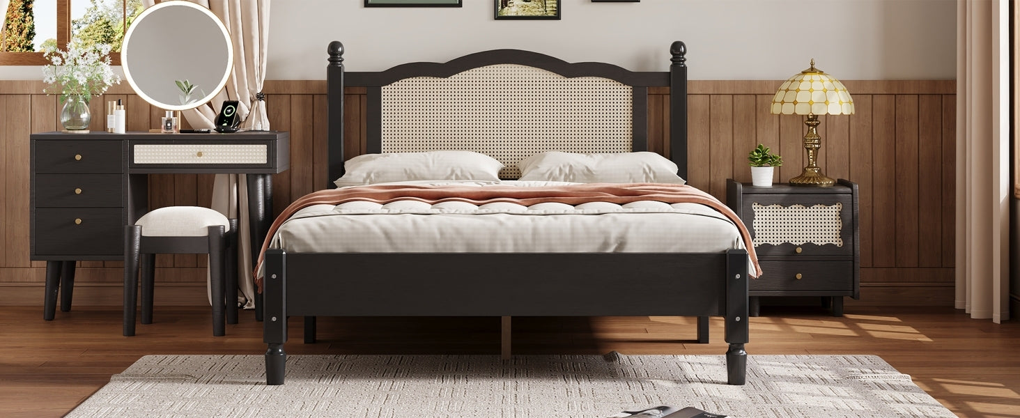 Full Size Wooden Platform Bed With Natural Rattan Headboard, Vintage Bed Frame With Wooden Slat Support, Black Expected Arrival Time: 08.23 Box Spring Not Required Full Black Wood