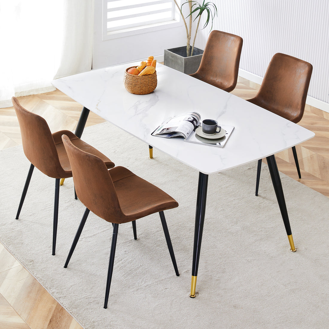 Table And Chair Set,White Imitation Marble Texture Rock Board Table Top, Black Metal Table Legs, Stable And Beautiful. Modern Simple Dining Table, Comfortable Seating. Brown White Seats 4 Metal