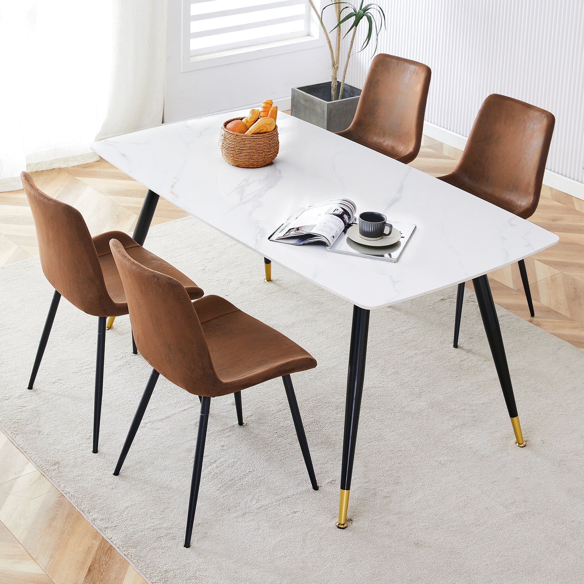 Table And Chair Set,White Imitation Marble Texture Rock Board Table Top, Black Metal Table Legs, Stable And Beautiful. Modern Simple Dining Table, Comfortable Seating. Brown White Seats 4 Metal