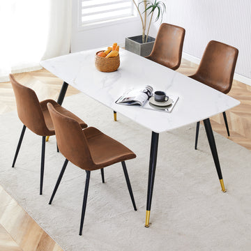 Table And Chair Set,White Imitation Marble Texture Rock Board Table Top, Black Metal Table Legs, Stable And Beautiful. Modern Simple Dining Table, Comfortable Seating. Brown White Seats 4 Metal